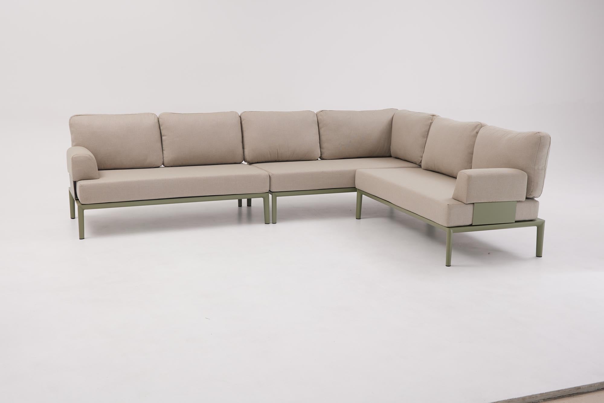 Elegantes 2-Sitzer Lounge Sofa mit Ecke Fiore in Oliv-Grün, ideal für entspannte Stunden im Freien und stilvolle Gartenmöbel.