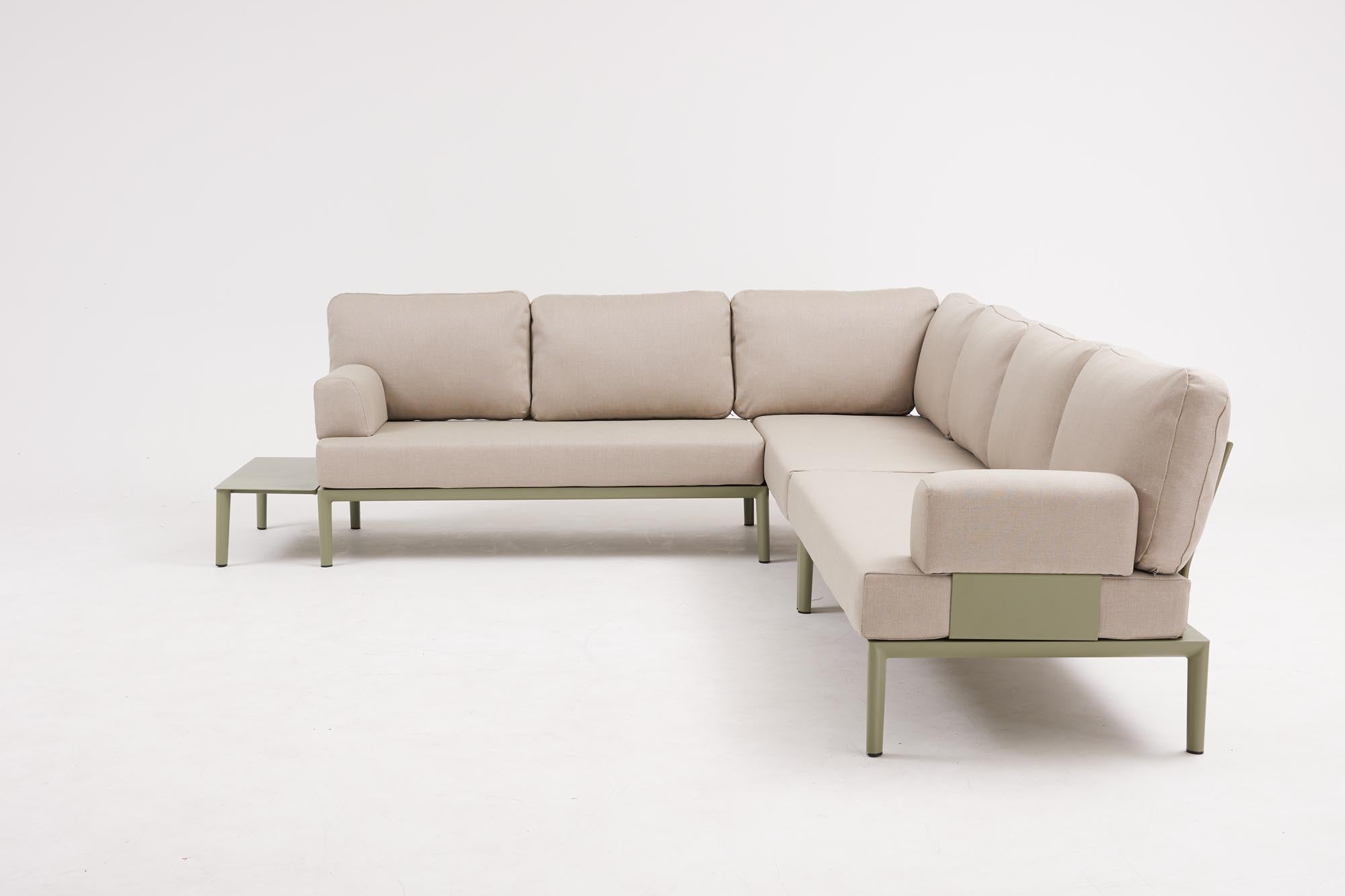 Modernes Gartensofa für zwei Personen mit praktischer Ecke, in elegantem Oliv-Grün, perfekt für gemütliche Stunden im Freien.