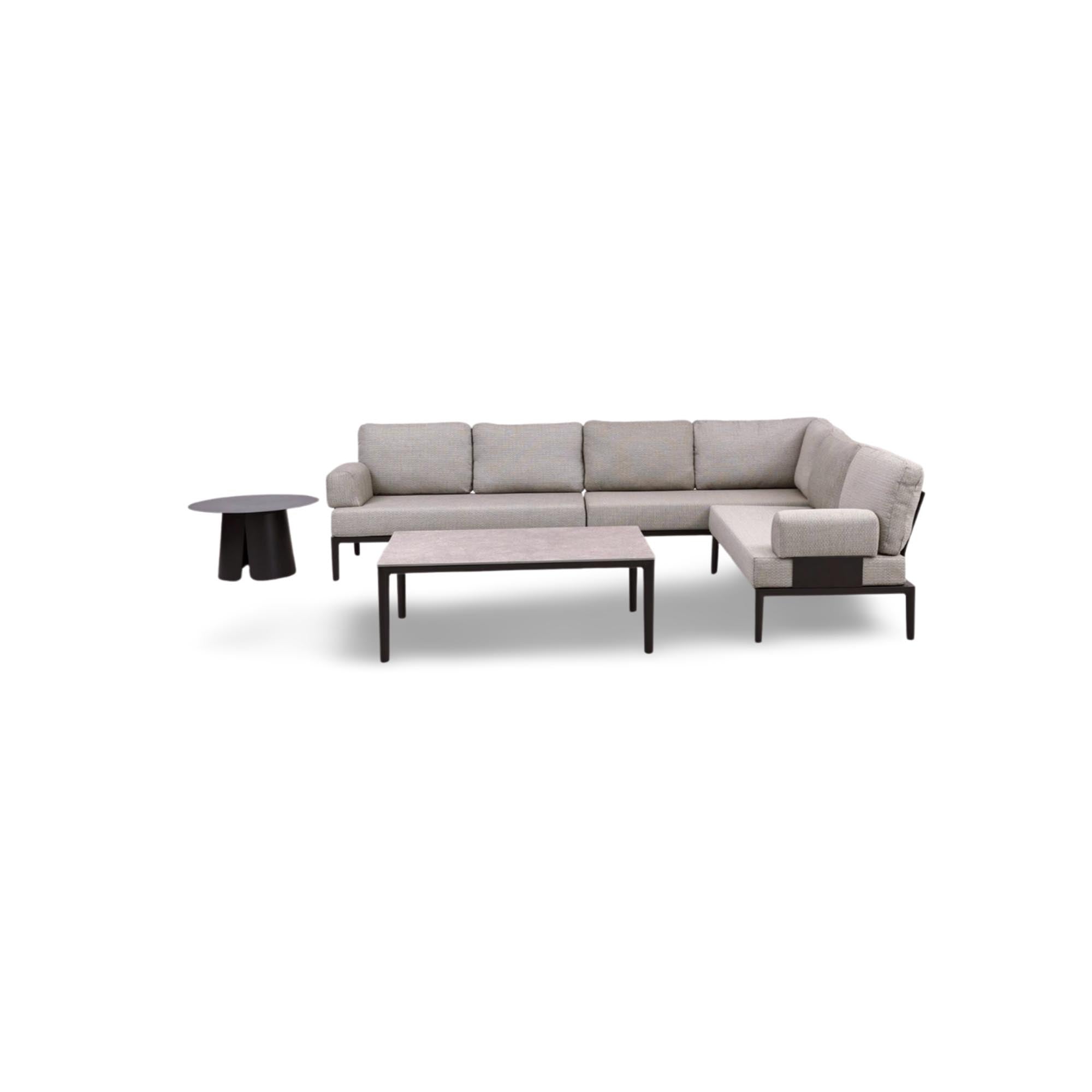 Modulares Garten-Loungeset Fiore für 6 Personen, ausgestattet mit eleganten Tischen und Armlehnen in Anthrazit, perfekt für entspannte Stunden im Freien.