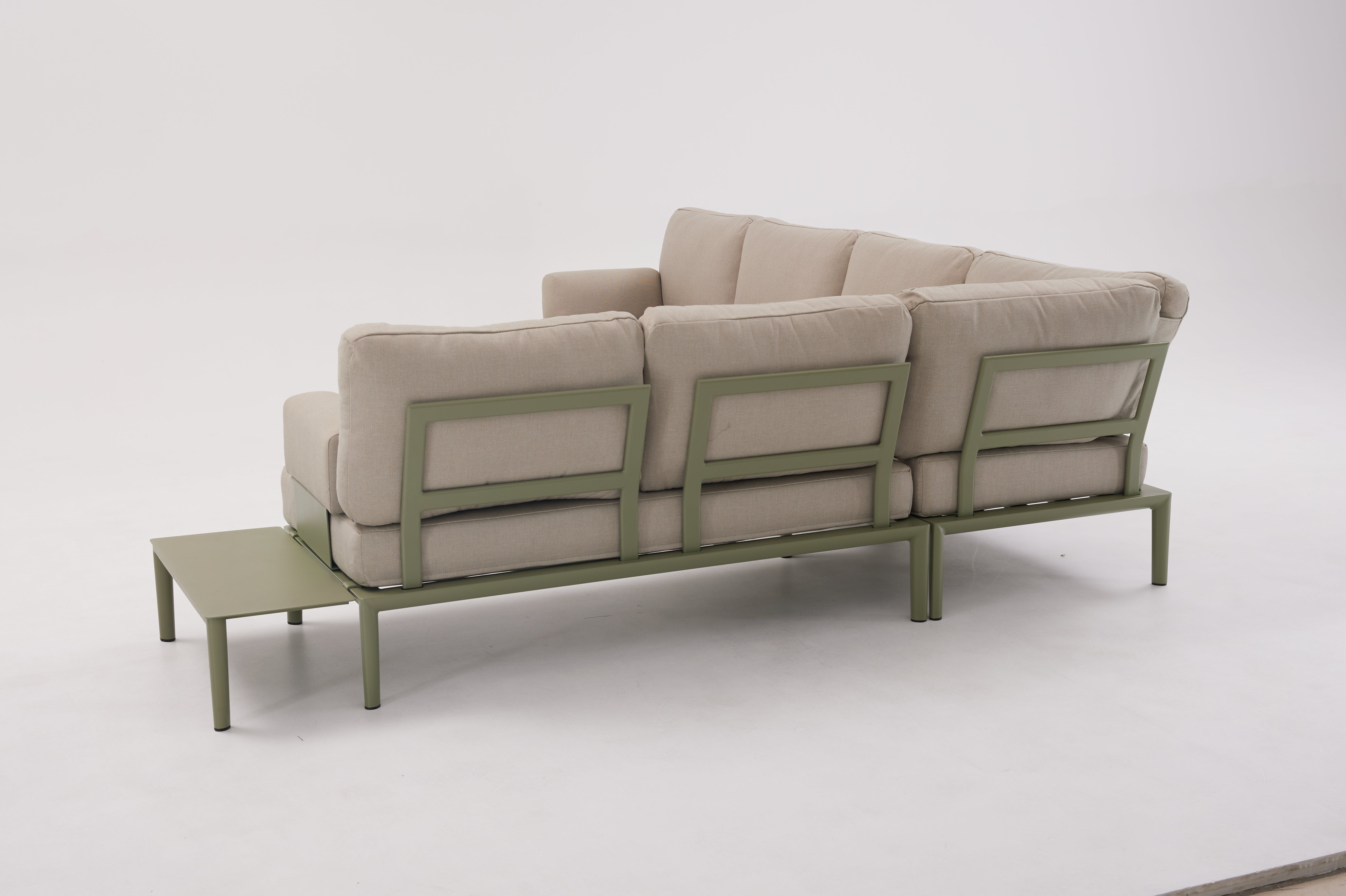 Modulares Garten-Loungeset Fiore in Oliv-Grün, bestehend aus 6 komfortablen Sitzen, perfekt für gesellige Abende im Freien.