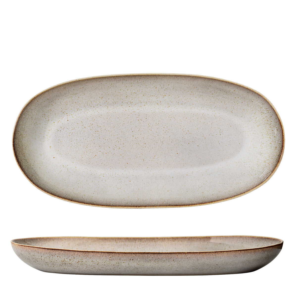 Beige Servierplatte aus Steingut der Serie Sandrine von Bloomingville mit ungleichmässigen Kanten und reaktiver Glasur, oval geformt