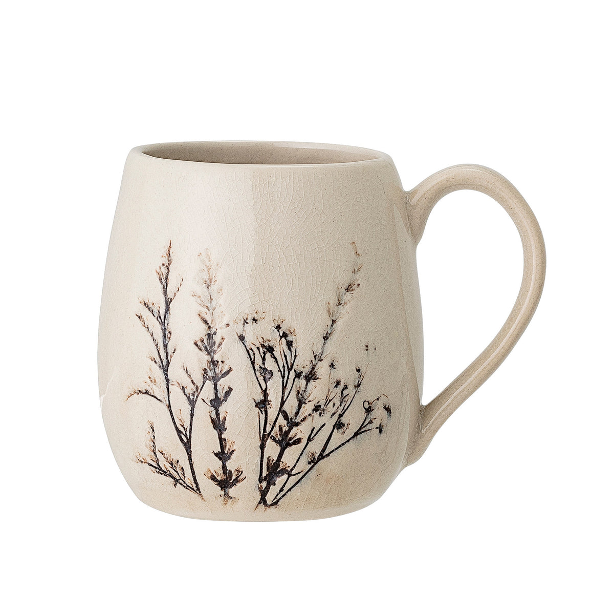 Weisse Tasse Bea aus Steingut mit zartem Blumenmuster und feiner Krakeleeglasur