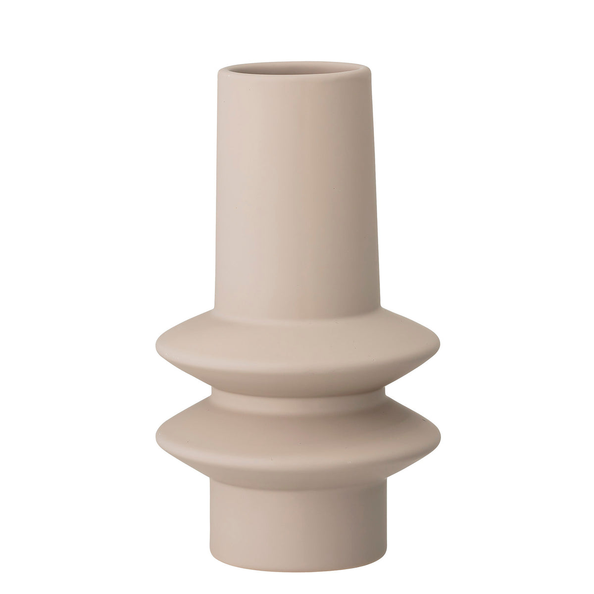 Weisse Isold Vase aus Steingut von Bloomingville mit matter Glasur und abgestufter, skulpturaler Form mit zwei breiten Bändern in der Mitte.