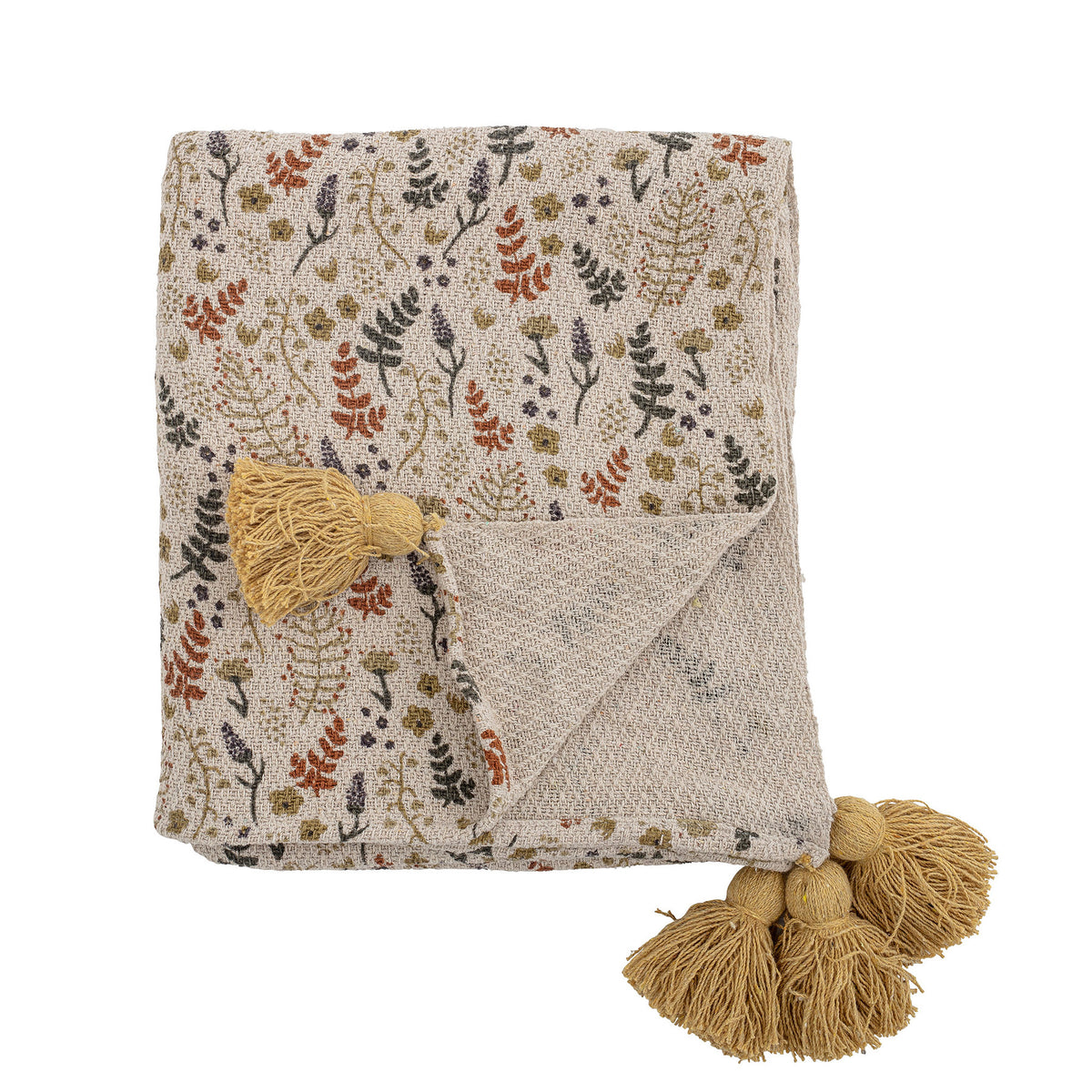 Bunte Filipa Wolldecke von Bloomingville Mini mit gelbem Blumenmuster, rechteckige Form, aus Baumwolle, Polyester und Viskose gefertigt.