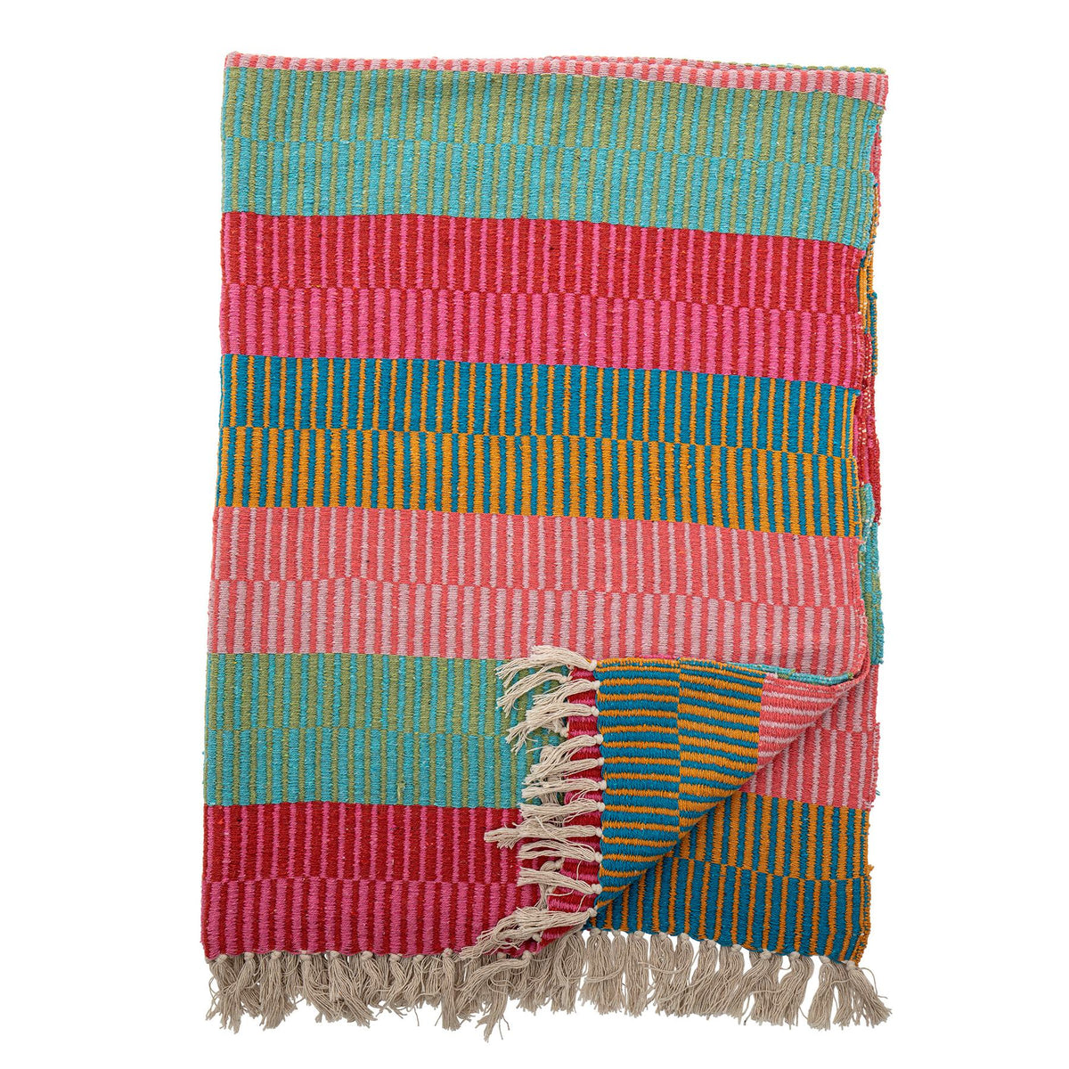 Bunte Wolldecke Isnel von Creative Collection aus Mischfasern, geflochtene Oberfläche, garngefärbtes Muster im Boho Chic Stil, 160x130 cm.