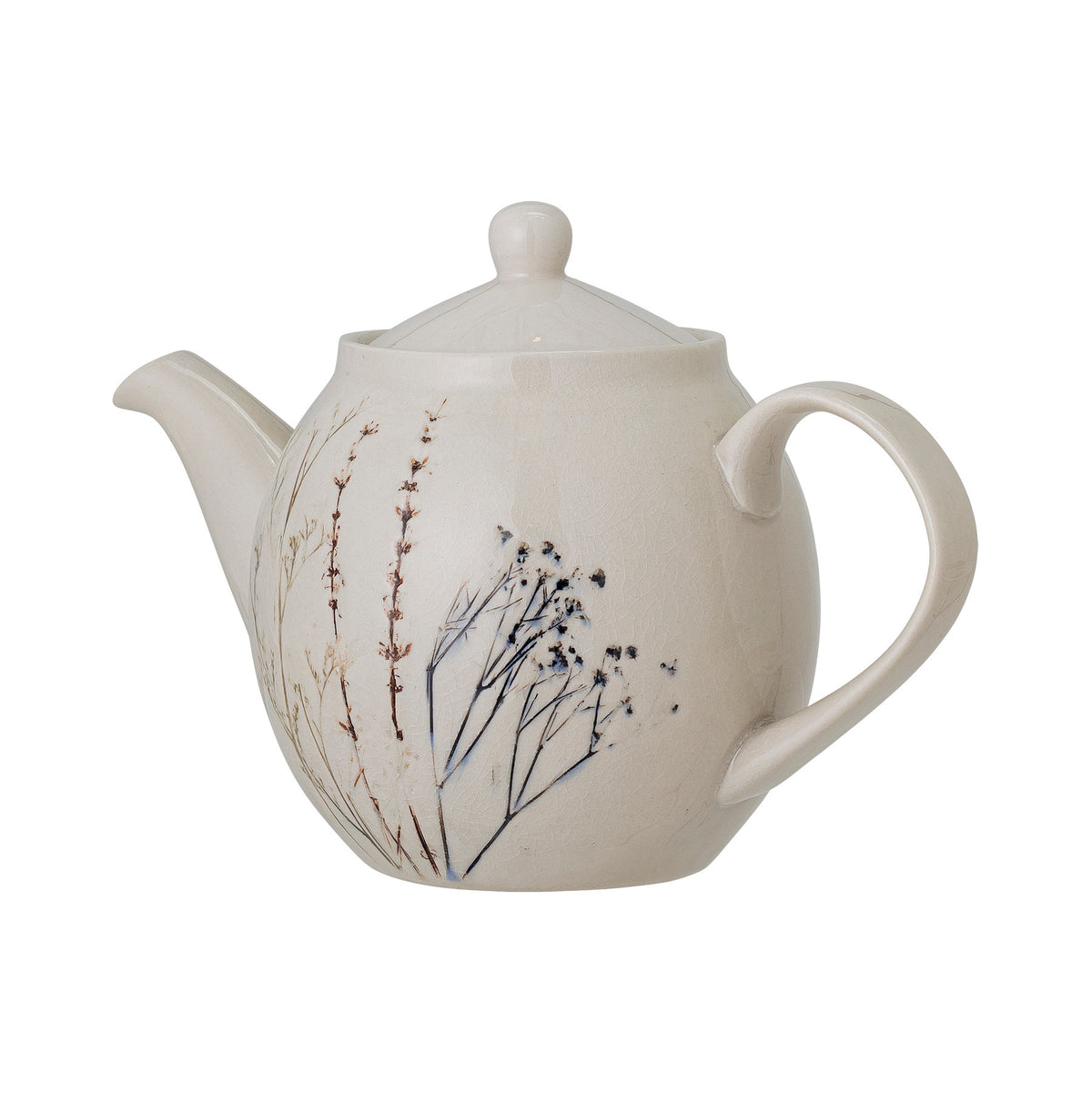 Weisse Teekanne aus Steingut mit krakelierter Glasur und handgestempeltem Blumenmuster, Modell Bea von Bloomingville, ohne Sieb