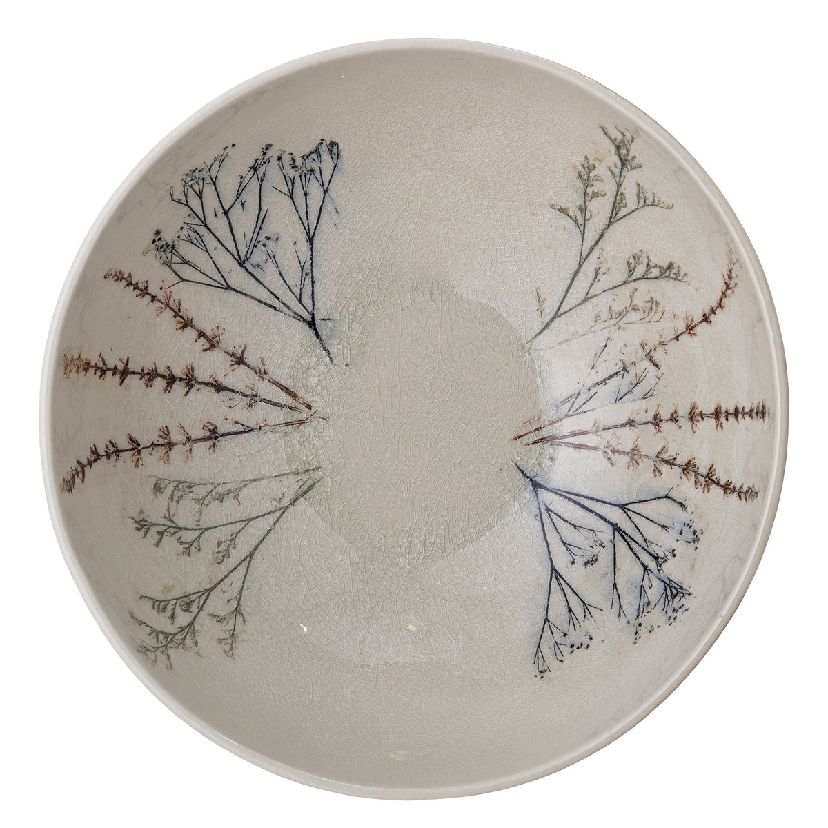 Weisse Steingutschale Bea von Bloomingville mit handgestempeltem Blumenmuster und Krakeleeglasur, rund, Durchmesser 30.5 cm