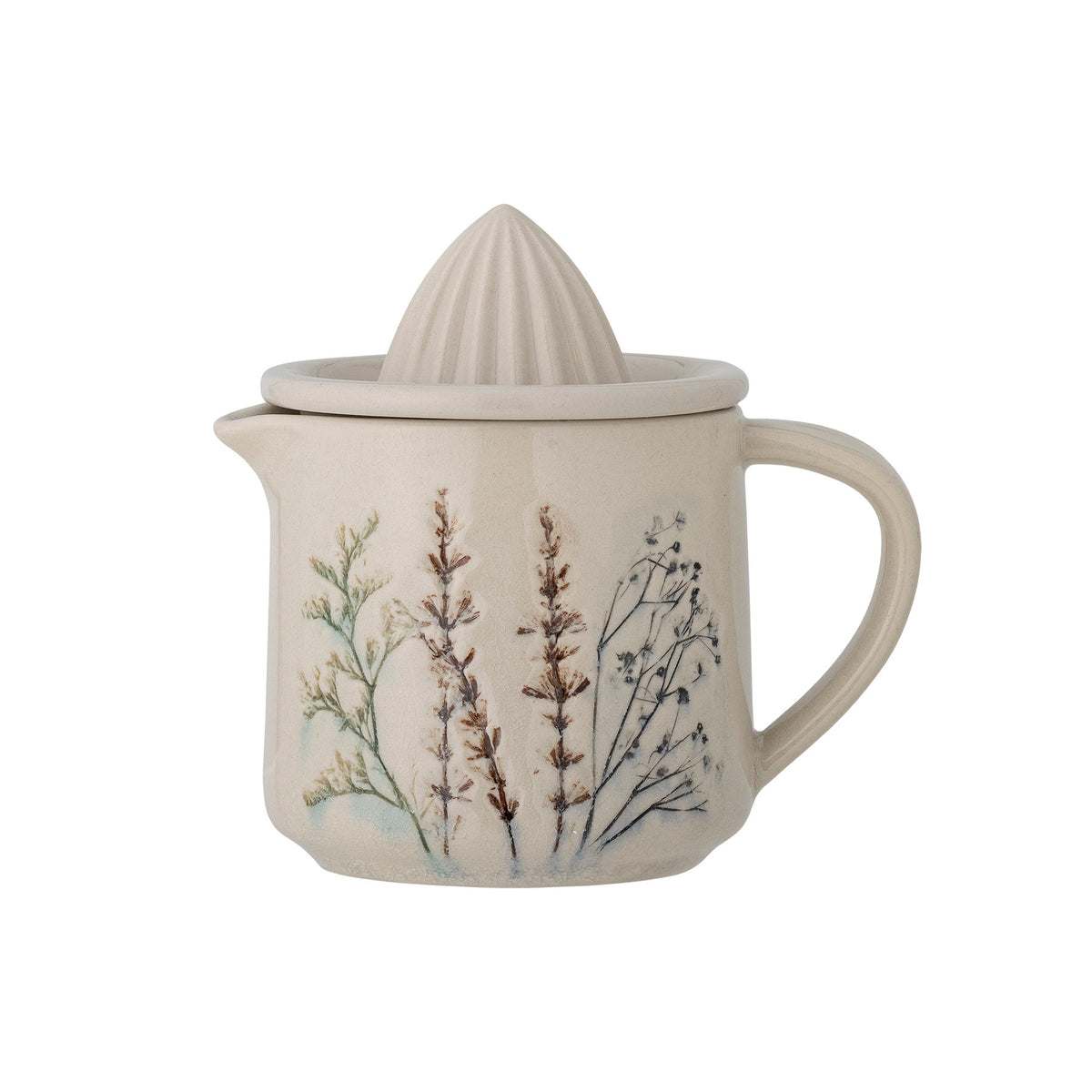 Zitronensaftpresse Bea von Bloomingville aus weissem Steingut mit Krakeleeglasur und handgestempeltem Blumenmuster, Küchenhelfer im Boho-Stil.