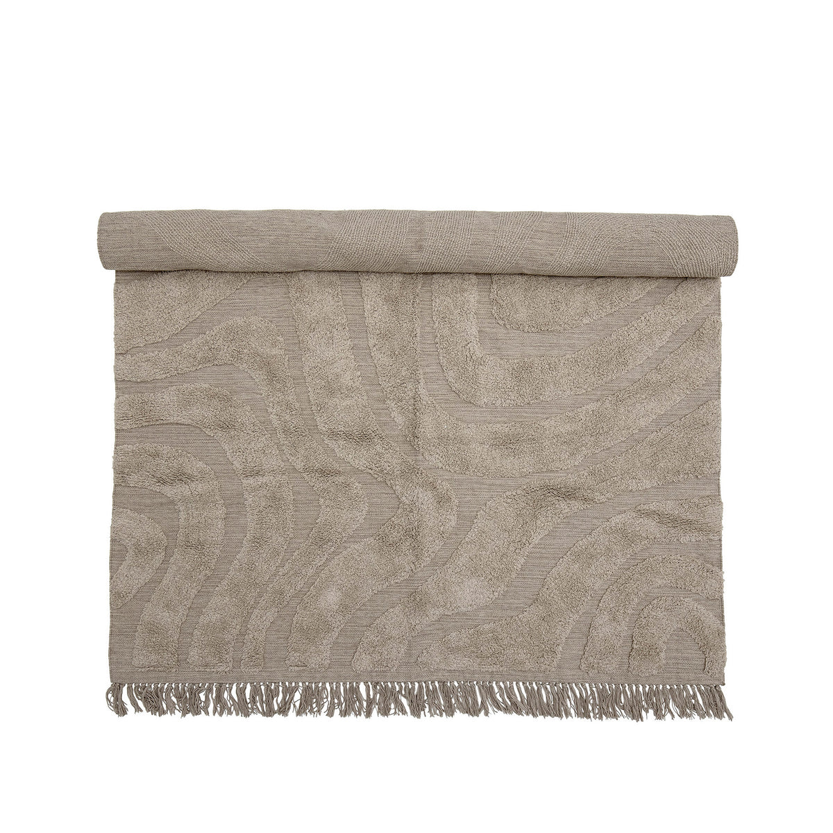 Beiger Teppich Elaine aus 100% Baumwolle mit gewebter Oberfläche, getufteten Wellenlinien und Fransen an der Kante, Grösse 210x150cm.