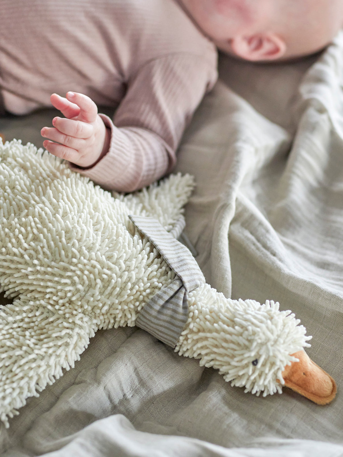 Weisse Plüschente Gaspard Soft Toy mit zotteliger Oberfläche und beigen und grauen Details