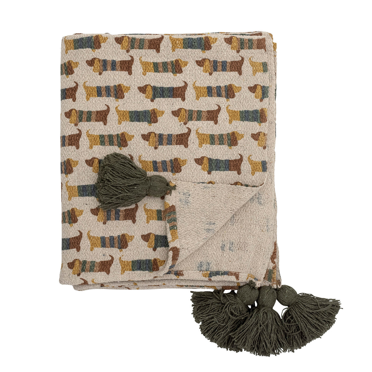Charlie Decke von Bloomingville Mini in Brown mit buntem Druckmuster, aus Mischfasern, rechteckige Form mit Quasten an den Ecken, 160x130cm.