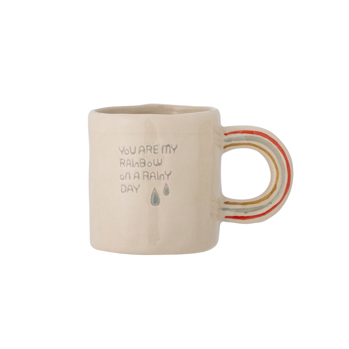 Weisse Cloudy Tasse aus Steingut mit Regenbogen als Griff und Schriftzug