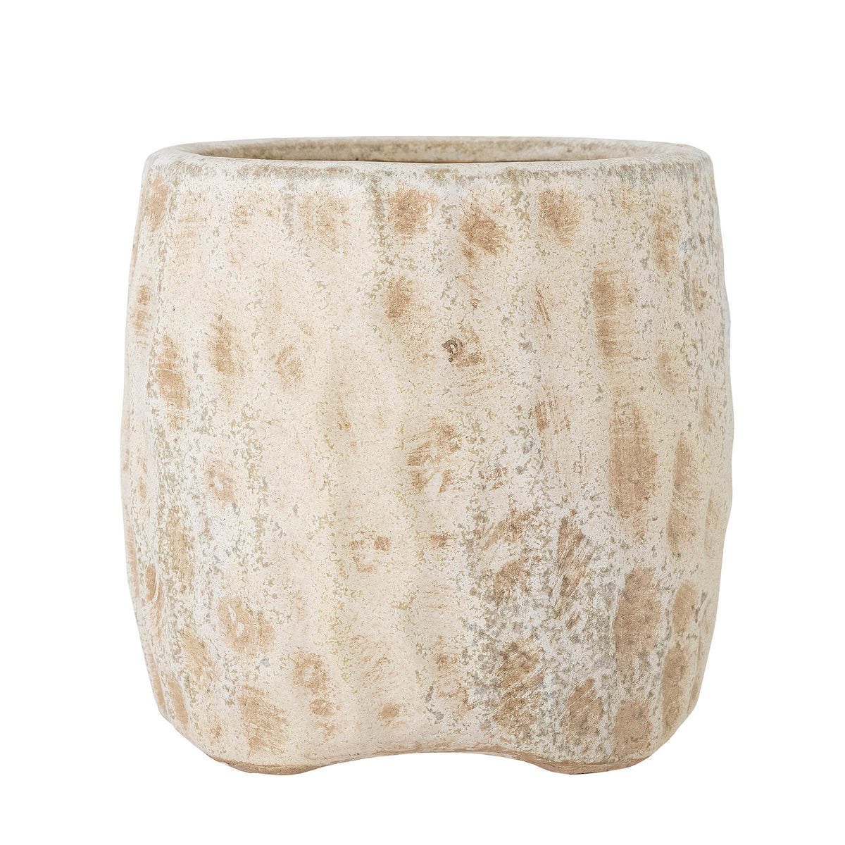 Mawni Deko-Blumentopf in Beige aus Terrakotta mit weich gerundeter Form und patinierter Oberfläche, Durchmesser und Höhe je 14 cm.