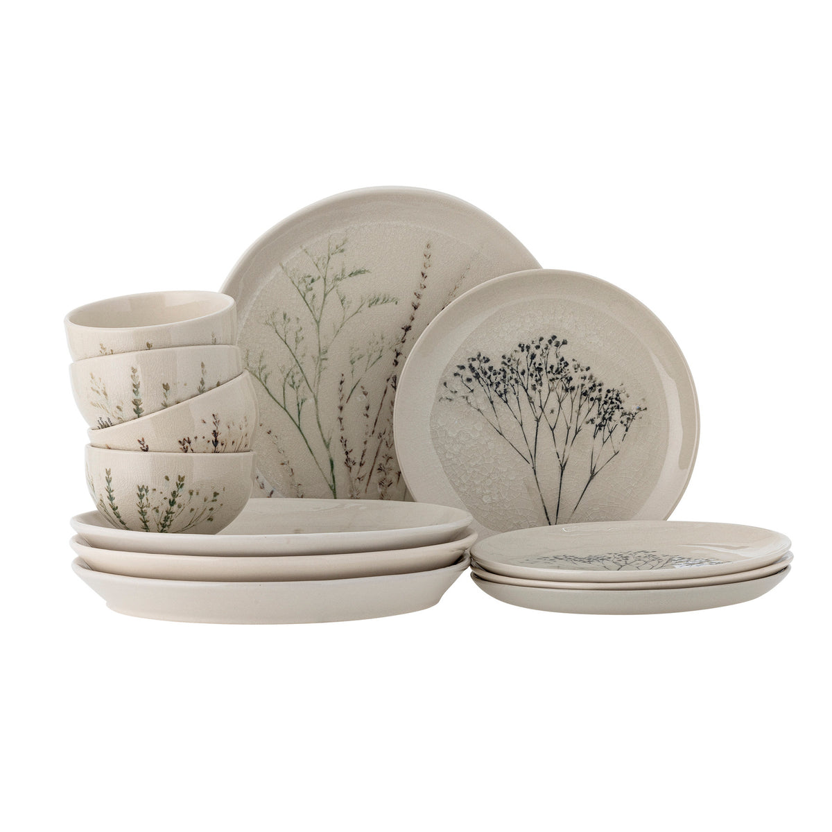Bea Geschirrset aus weissem Steinzeug von Bloomingville mit Krakeleeglasur und handgemaltem Blumenmuster, bestehend aus Schalen und Tellern