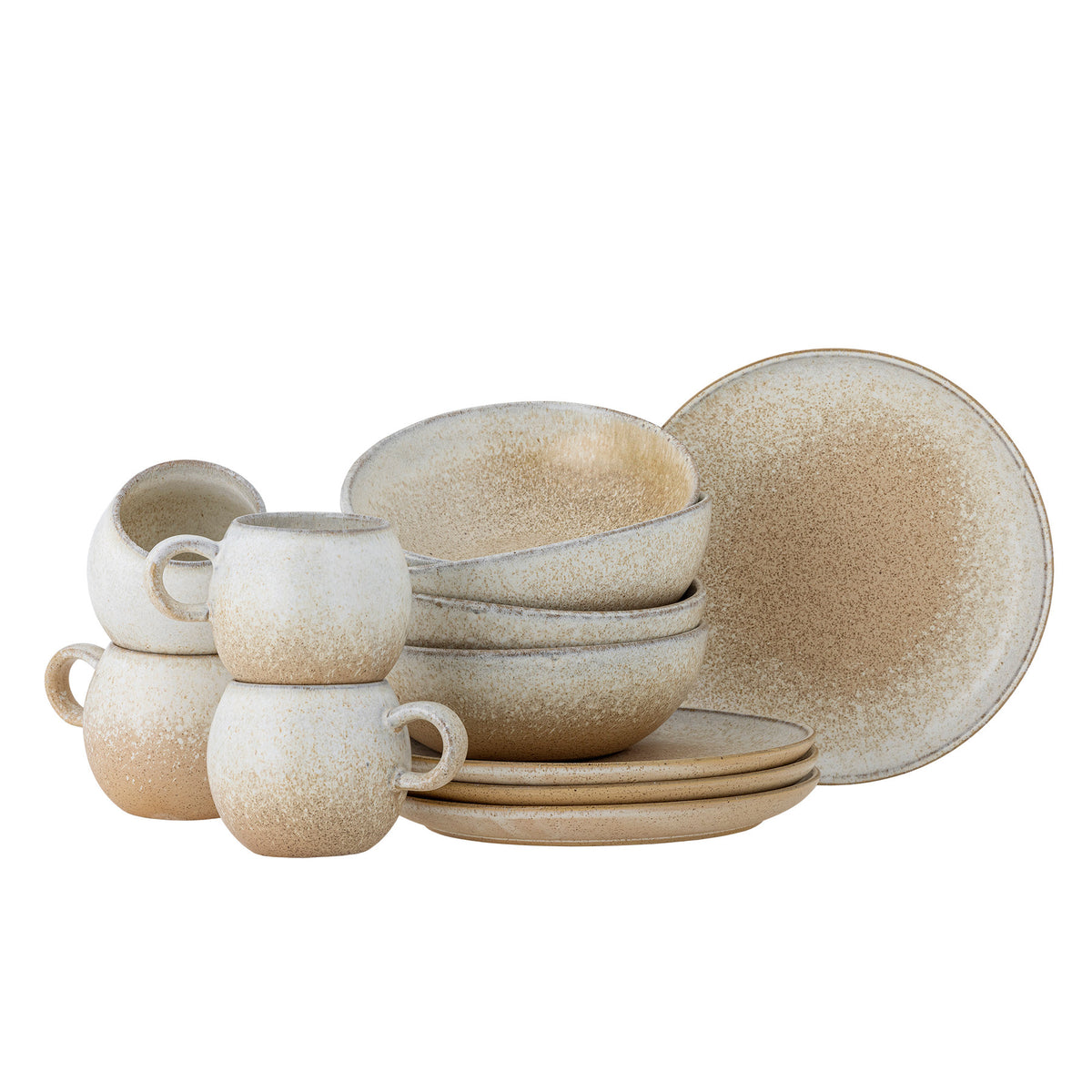 Paula Frühstück Set in Beige aus Steingut von Bloomingville mit Tassen, Tellern und Schalen, reaktive Glasur mit leichten Farbabweichungen