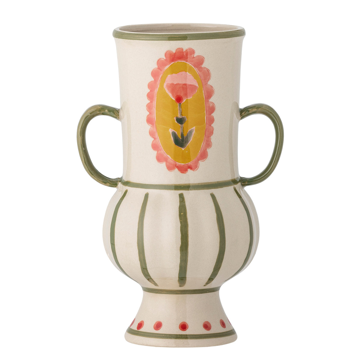 Grüne Vase Odina aus Steingut mit cremefarbener Basis und handbemaltem Blumenmotiv