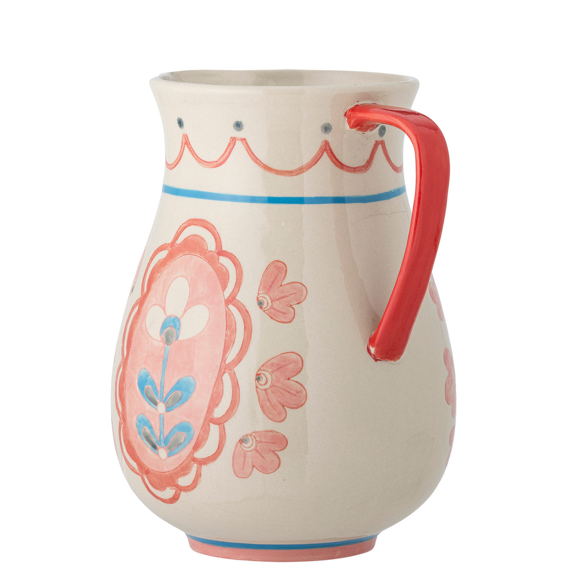 Weisser Wasserkrug aus Steingut mit Blumenmotiv in Pink und Blau, rosa Griff, handdekoriert, Modell Odina von Bloomingville