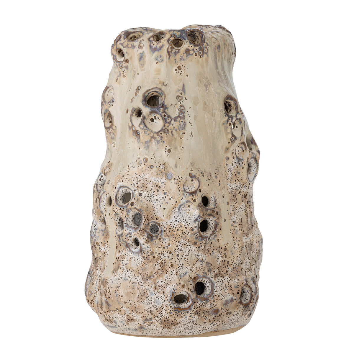 Beige Vase aus Steingut mit zweischichtigem Design: äussere Schicht mit runden Löchern verziert, innerer Behälter für Blumen, Höhe 21.5 cm