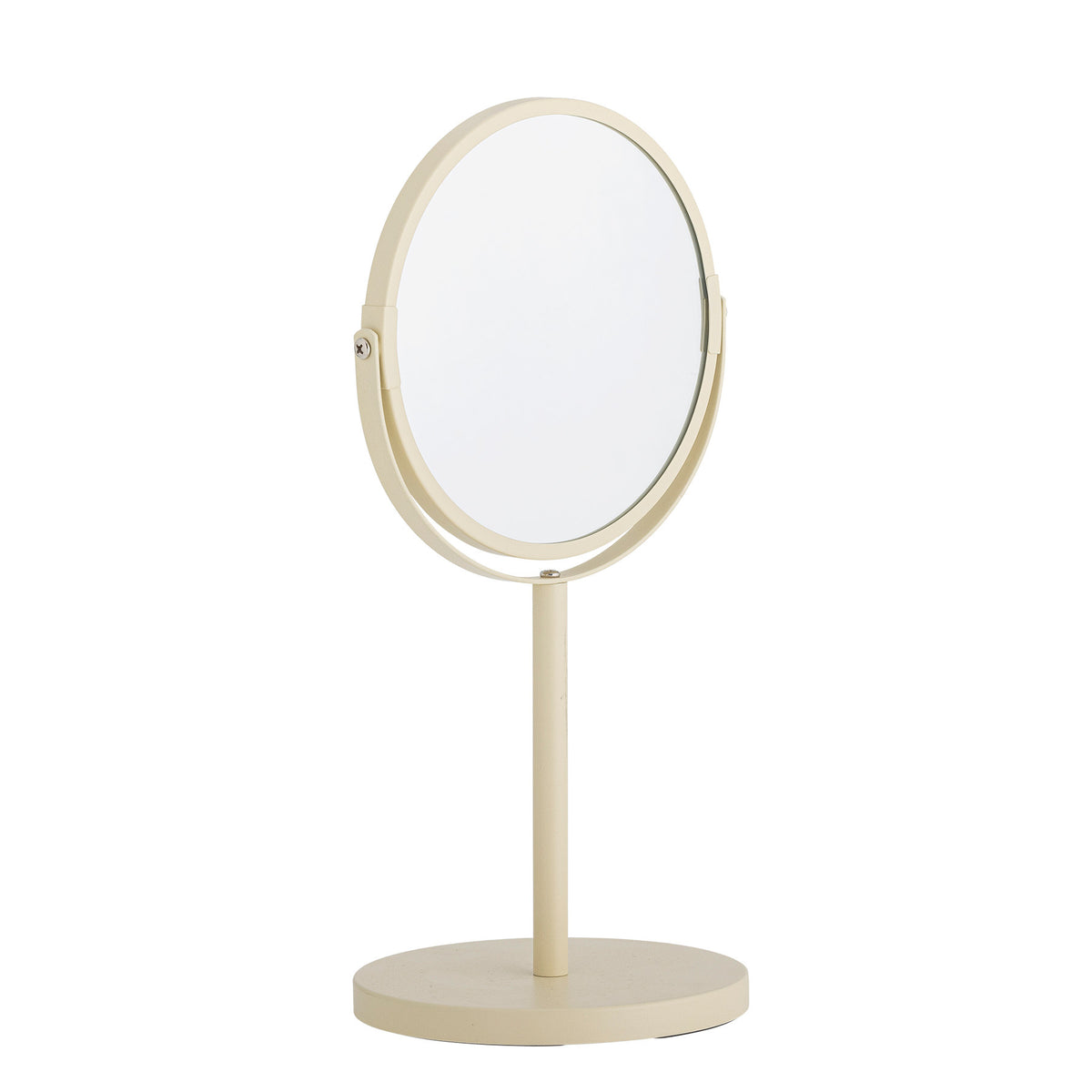 Runder Tischspiegel Milde von Bloomingville in Beige mit doppeltem Eisenrahmen, Glasfläche beidseitig nutzbar, eine Seite mit Vergrösserung.