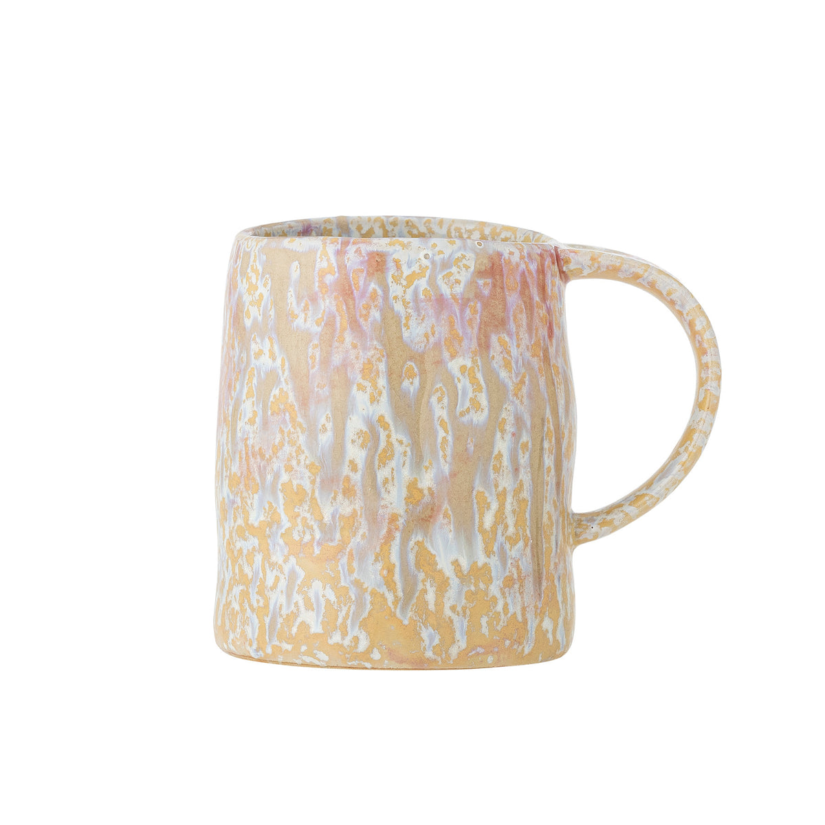 Beiger Yori Becher aus Steingut von Bloomingville mit reaktiver Glasur, runder Form, Durchmesser 8 cm und Höhe 11 cm, auf neutralem Hintergrund.