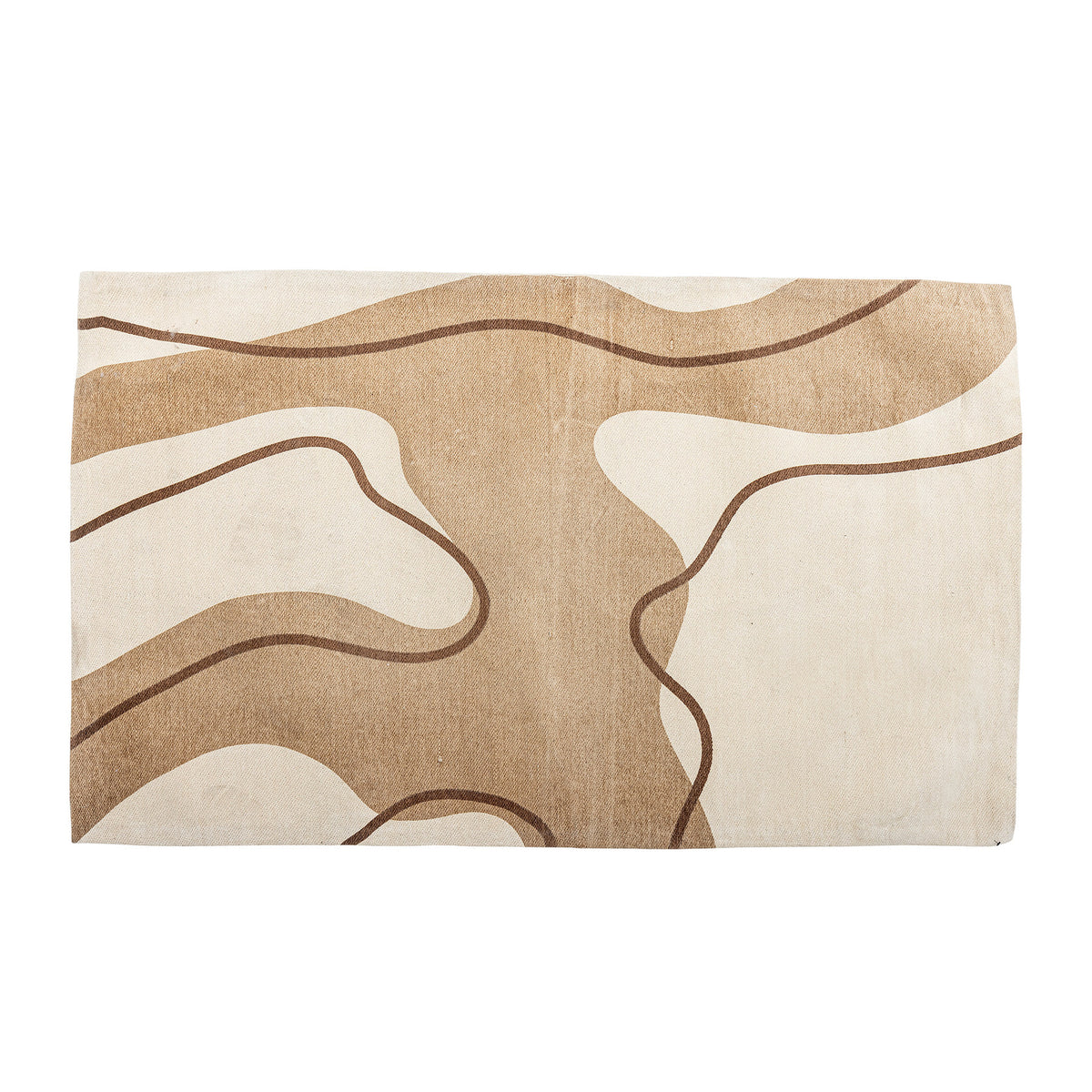 Volano Teppich in Beige von Bloomingville, geflochtene Oberfläche aus Baumwolle und Polyester mit abstraktem Muster in Grau und Braun.