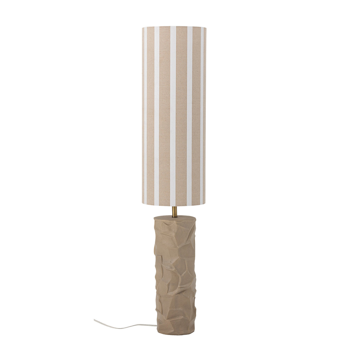 Stehleuchte Jani in Beige mit Fuss aus Steingut und gestreiftem Lampenschirm aus Leinen, transparentes Kabel mit Fussschalter, Höhe 114 cm.