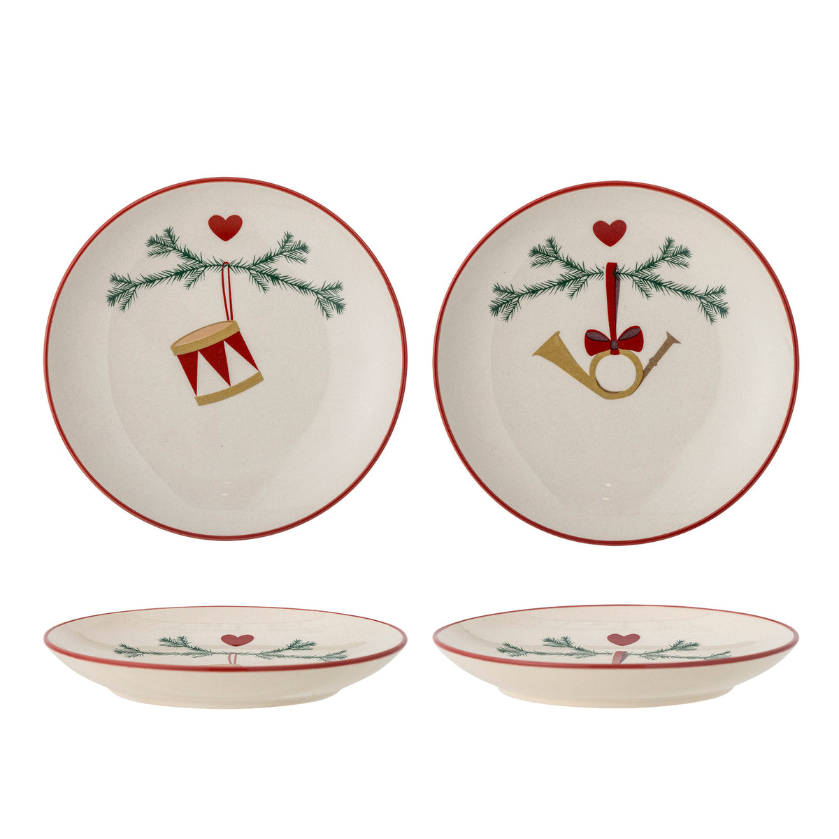 Steingut-Teller Yule mit Trommel- und Hornmotiv an Tannenzweigen und rotem Rand