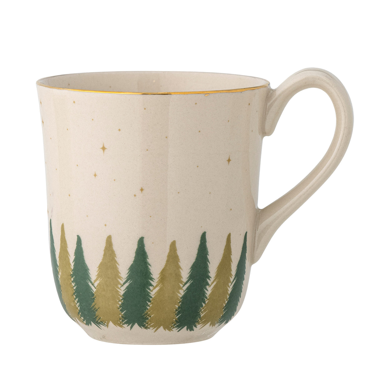 Weisser Steingut-Becher der Serie Spruce von Bloomingville mit Tannenbaum-Motiv und goldenem Rand, klassische runde Form.