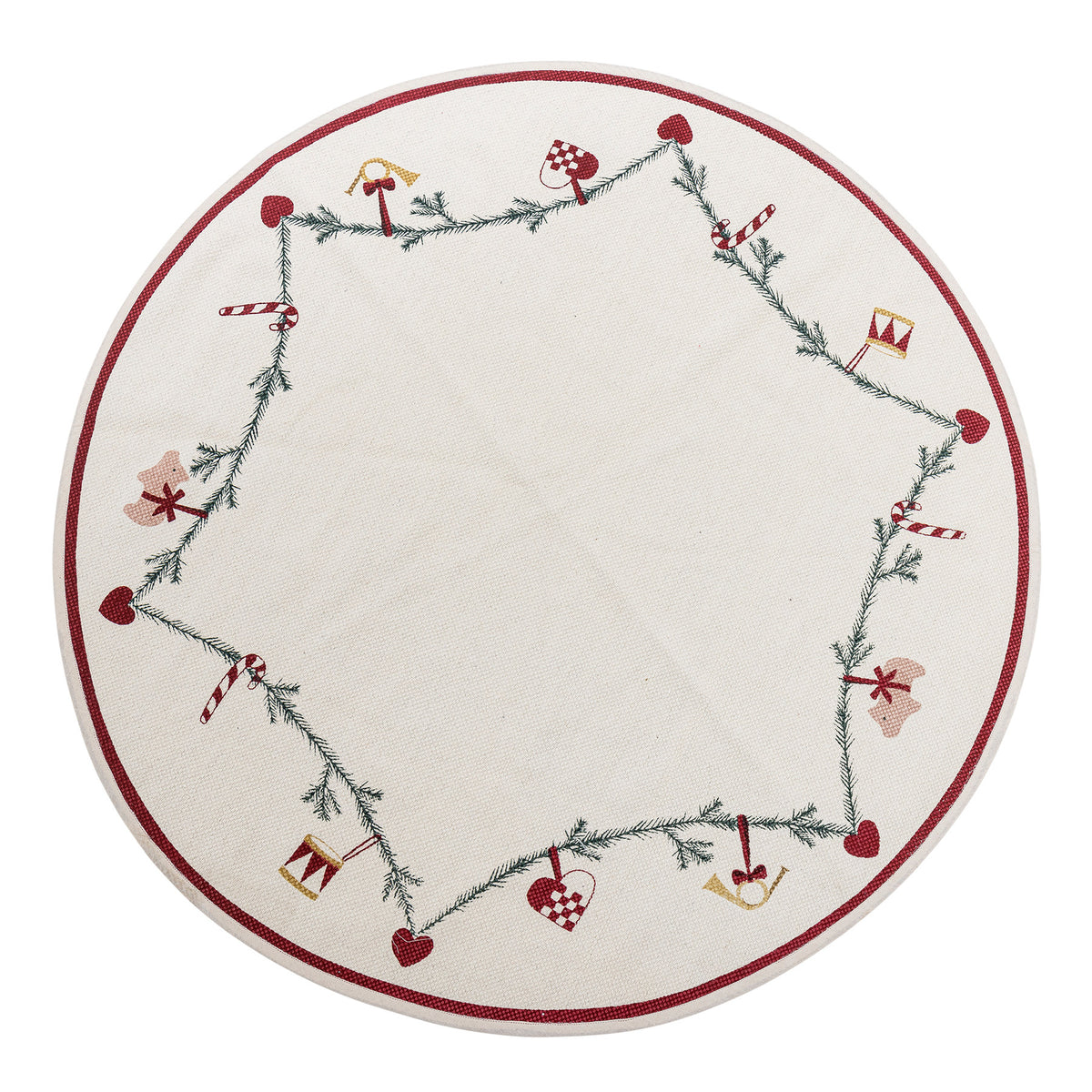 Runder weisser Baumteppich aus Baumwolle mit bedrucktem Weihnachtsmotiv, Durchmesser 110cm, Serie Yule von Bloomingville, geflochtene Oberfläche
