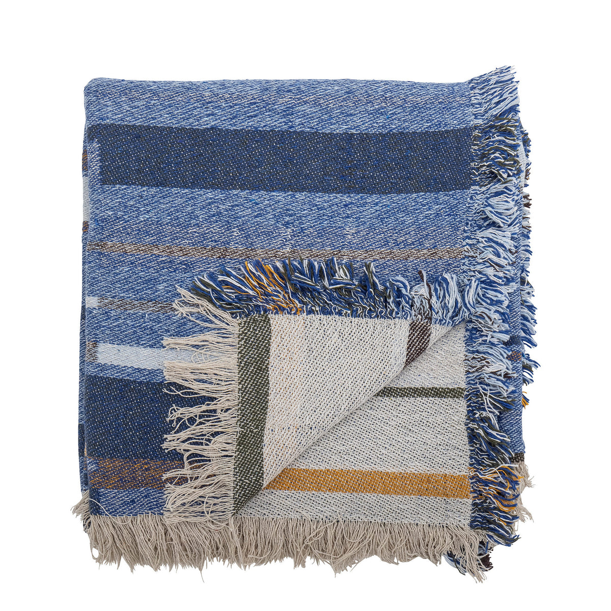 Blaue Toscana Decke von Bloomingville aus gewebten Mischfasern mit langen Fransen an den Kanten, rechteckige Form, 160x130cm