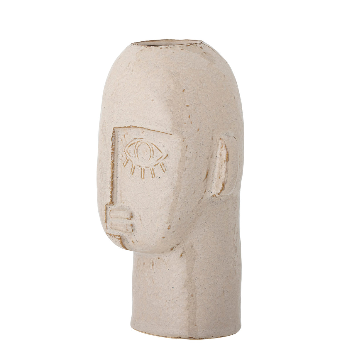 Weisse Steingut-Vase Lizzie von Bloomingville in Kopfform mit kleinen Ohren und stilisiertem Gesicht mit einem Auge, glasierte Oberfläche