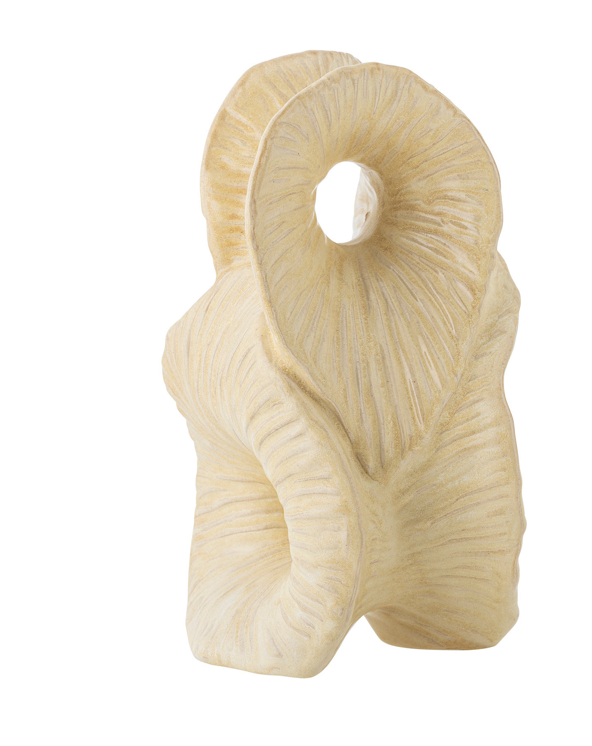 Fabien Deko in Beige aus Steingut von Bloomingville, abstrakte skulpturale Form mit zwei offenen Zentren und matter, strukturierter Oberfläche.