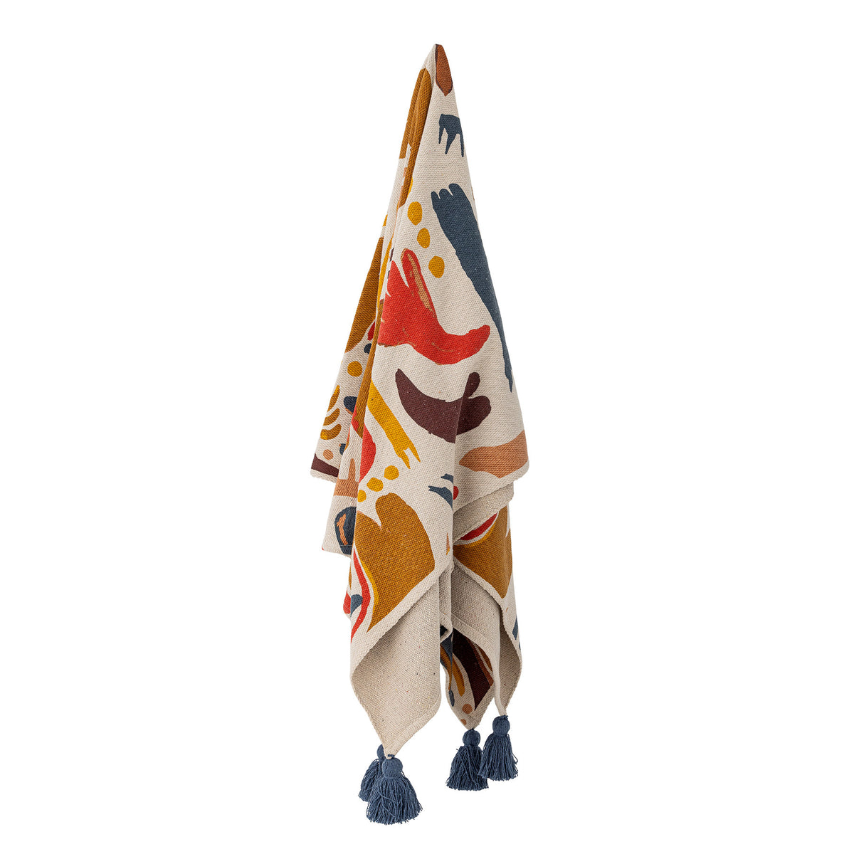 Horus Decke von Bloomingville in Orange mit abstraktem Gesichtsmotiv, Webstoff aus Mischfasern, dunkelblaue Quasten an den Ecken, Format 160x130 cm