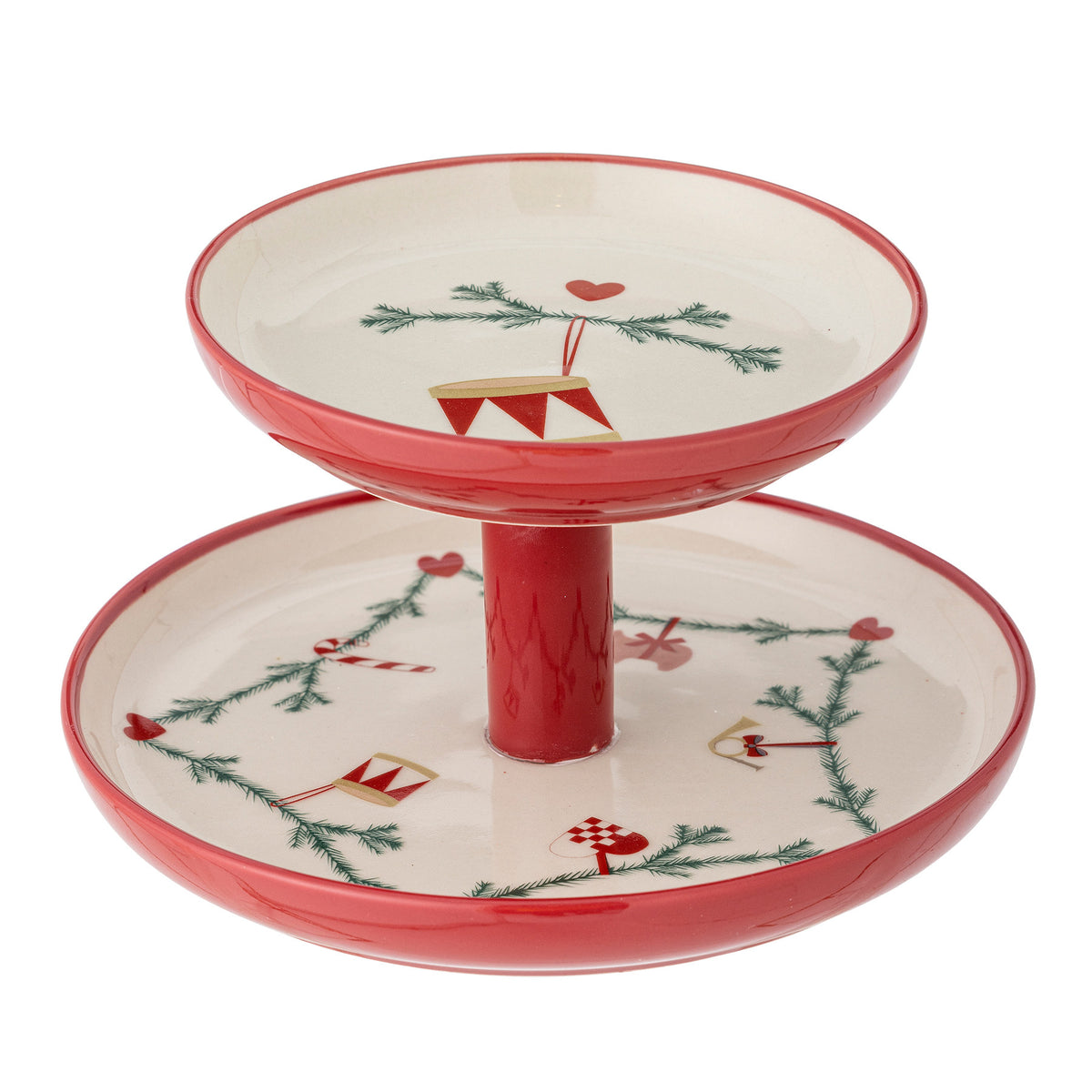 Weisse Etagere aus Steingut der Serie Yule von Bloomingville mit handgemalter Abziehbild-Dekoration, rund, zweistufig, Grösse D22xH13cm