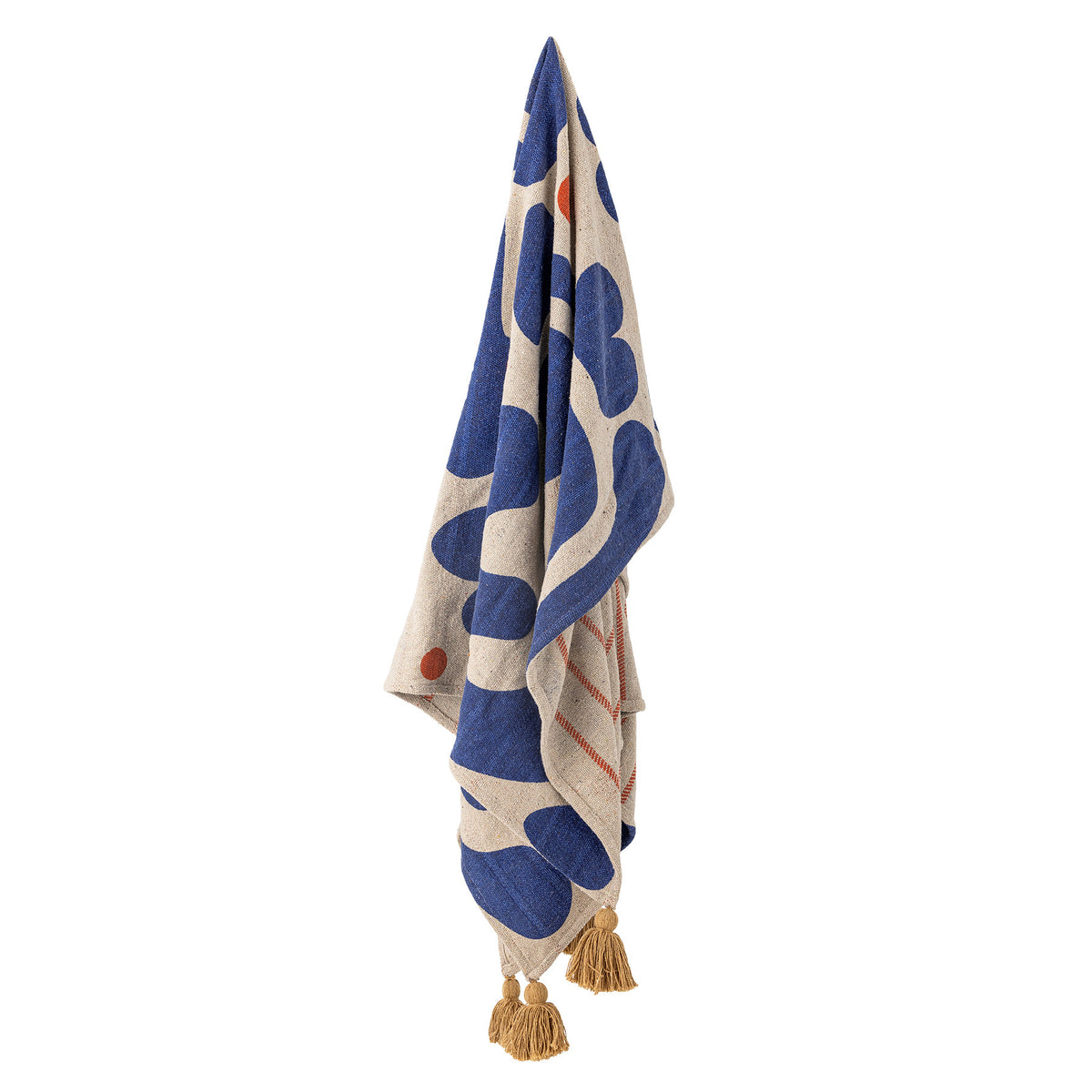 Wolldecke Eviaya von Bloomingville in Blau mit bedrucktem abstraktem Blumenmuster und grossen Quasten an den Ecken, Mischfasern 160x130 cm
