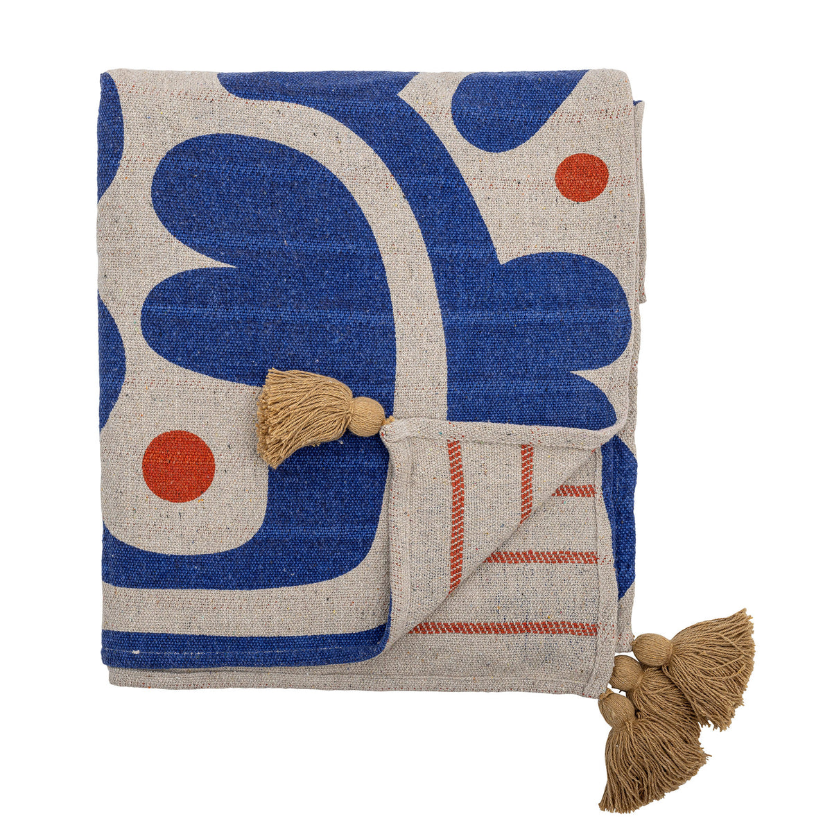 Wolldecke Eviaya von Bloomingville in Blau mit bedrucktem abstraktem Blumenmuster und grossen Quasten an den Ecken, Mischfasern 160x130 cm
