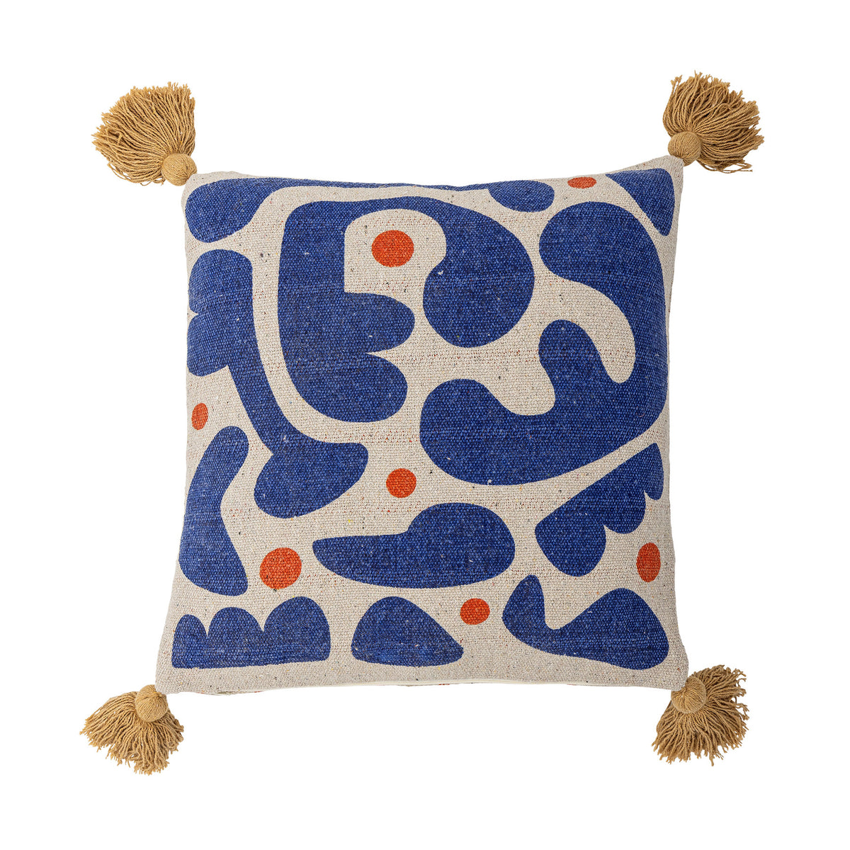 Eviaya Kissen von Bloomingville in Blau mit abstraktem Muster, bedruckter Oberfläche und grossen Quasten an den Ecken, Grösse 45x45cm, Mischfasern