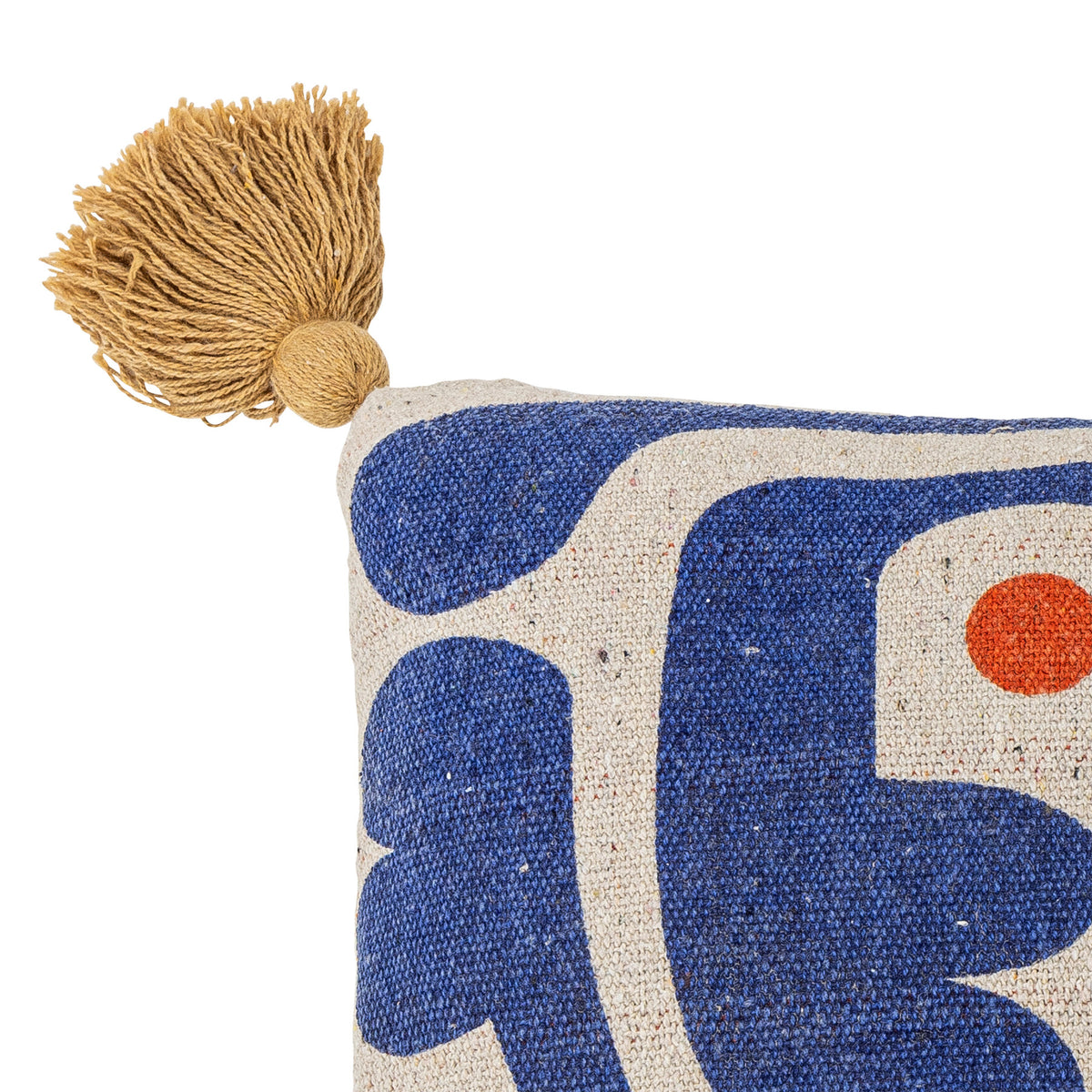 Eviaya Kissen von Bloomingville in Blau mit abstraktem Muster, bedruckter Oberfläche und grossen Quasten an den Ecken, Grösse 45x45cm, Mischfasern