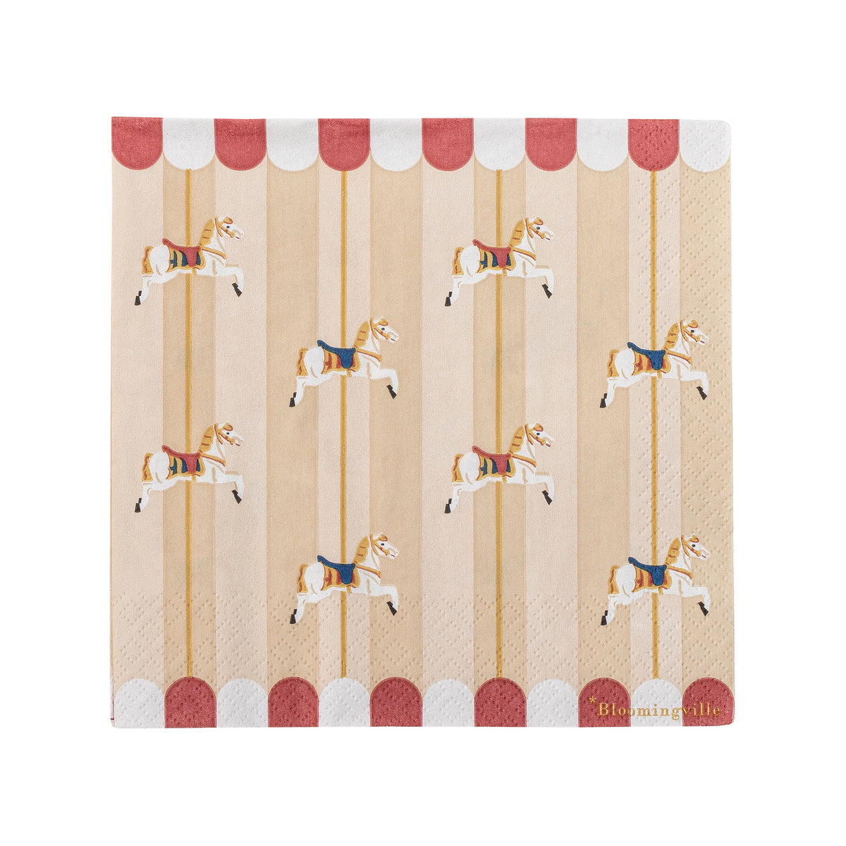 Beige Papierserviette Merry-go-round mit Karussellpferden und rot-weissen Streifen am Rand