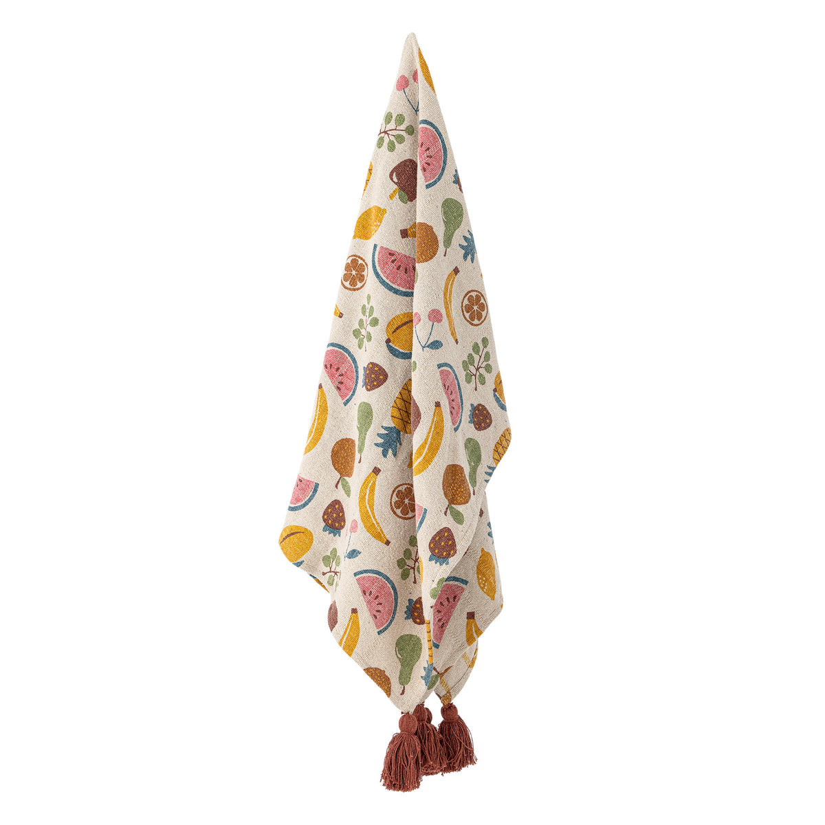 Fruitta Decke von Bloomingville Mini in Gelb mit buntem Fruchtmotiv (Ananas, Zitrone, Wassermelone) und Quasten an den Ecken, Mischfasern, 160x130cm