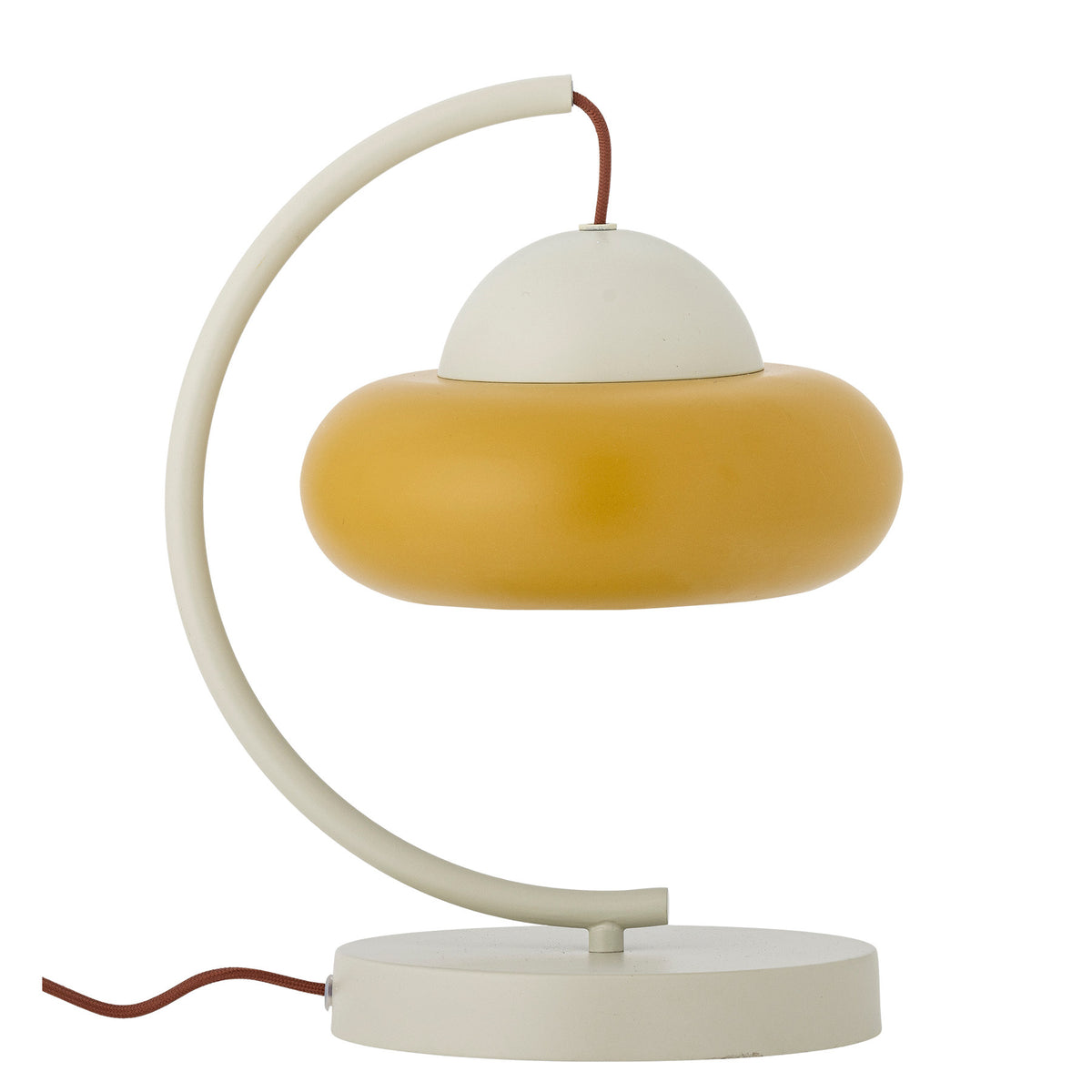 Weisse Bubble Tischlampe aus Eisen von Bloomingville mit geschwungenem Arm und rundem Lampenschirm, braunes Kabel sichtbar, skulpturale Form