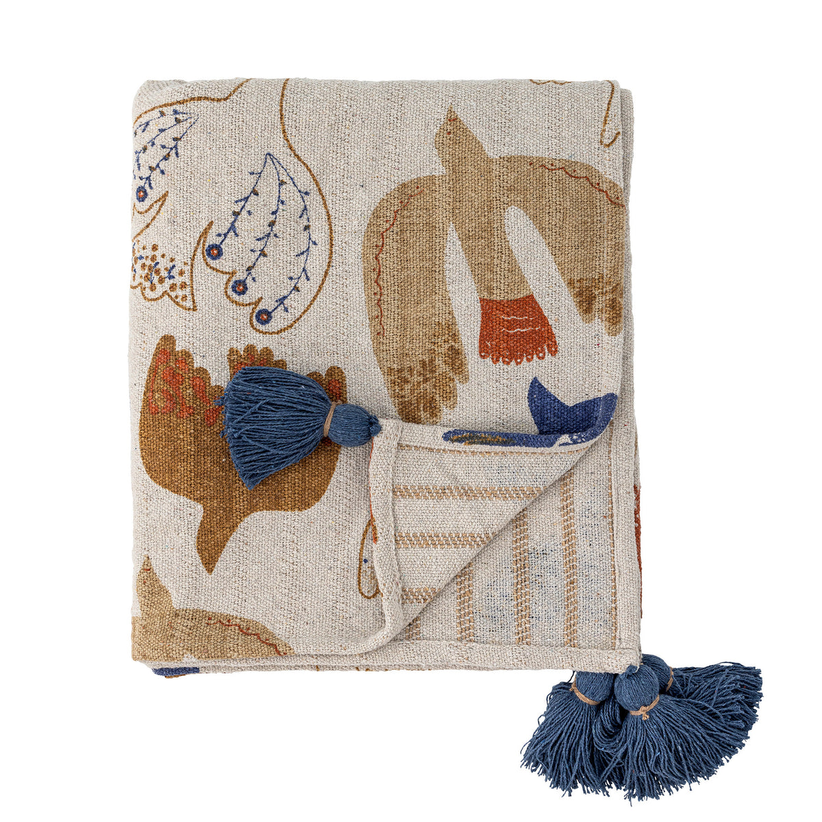 Wolldecke Anniversary von Bloomingville in Braun mit buntem botanischem Druckmuster, aus Baumwolle, Polyester und Viskose, mit blauen Quasten an den Ecken.