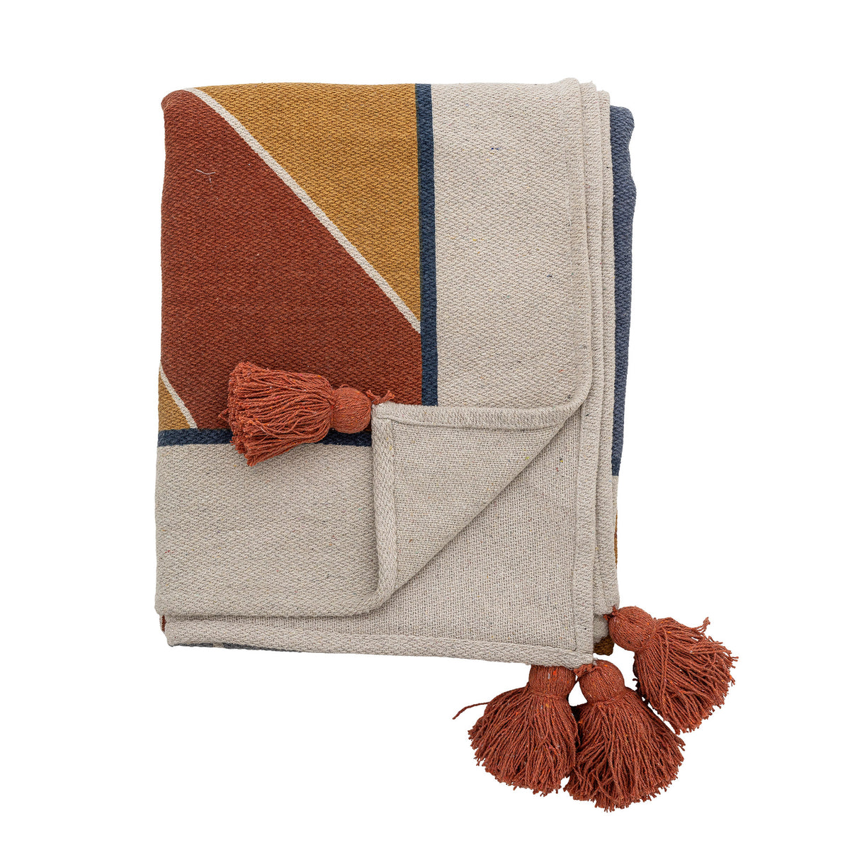 Gewebte Wolldecke Sun in Bunt von Bloomingville Mini, bedrucktes Muster in Beige, Braun, Gelb und Blau, mit braunen Quasten an den Ecken