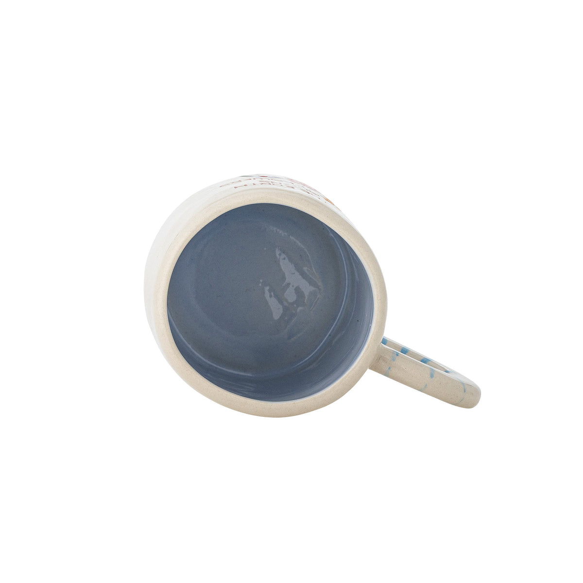 Weisse Cloudy Tasse aus Steingut mit Regenbogen als Griff und Schriftzug