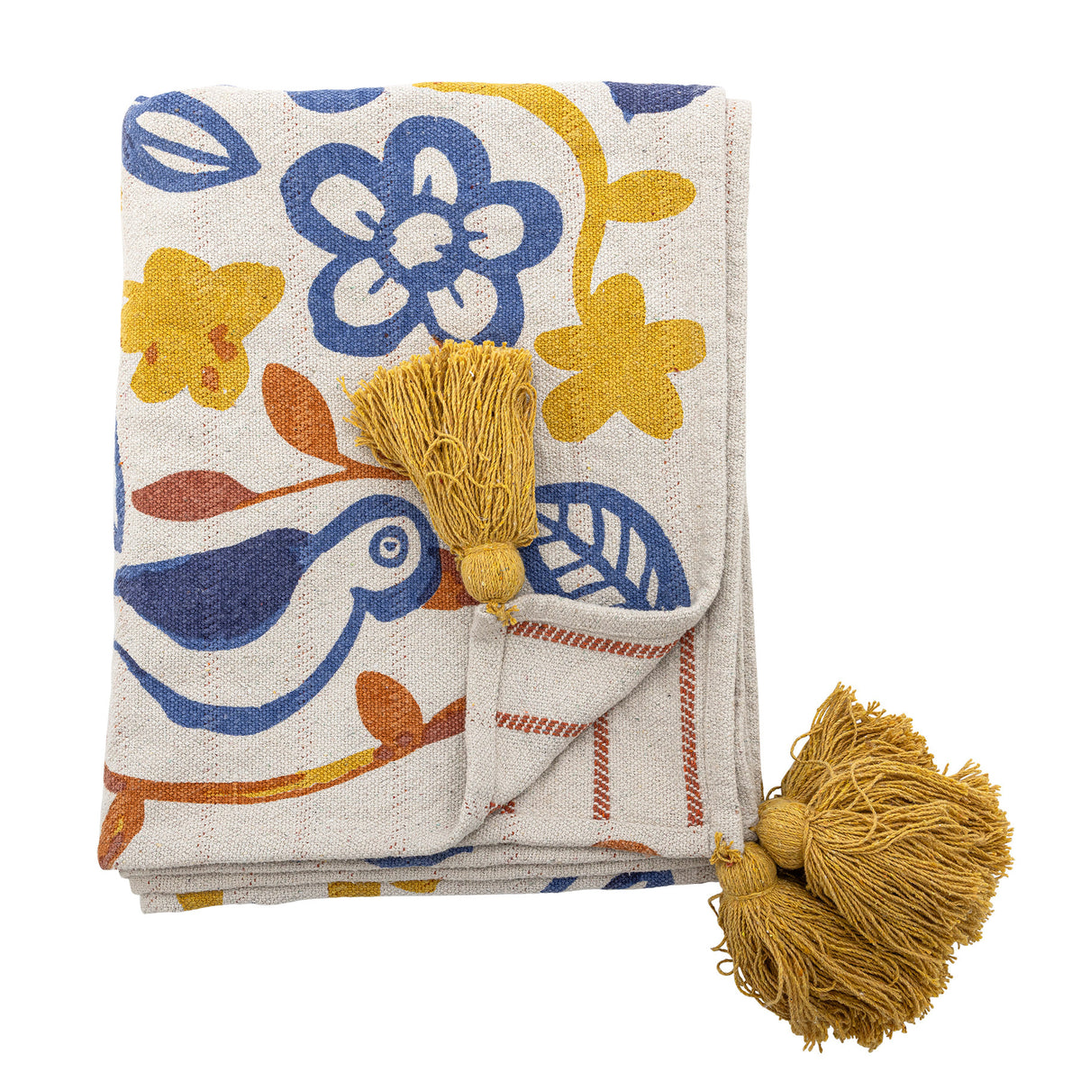 Bunte Wolldecke Figuria von Bloomingville aus Mischfasern, gewebt und bedruckt mit Blumen-Vogel-Muster und gelben Quasten an den Ecken