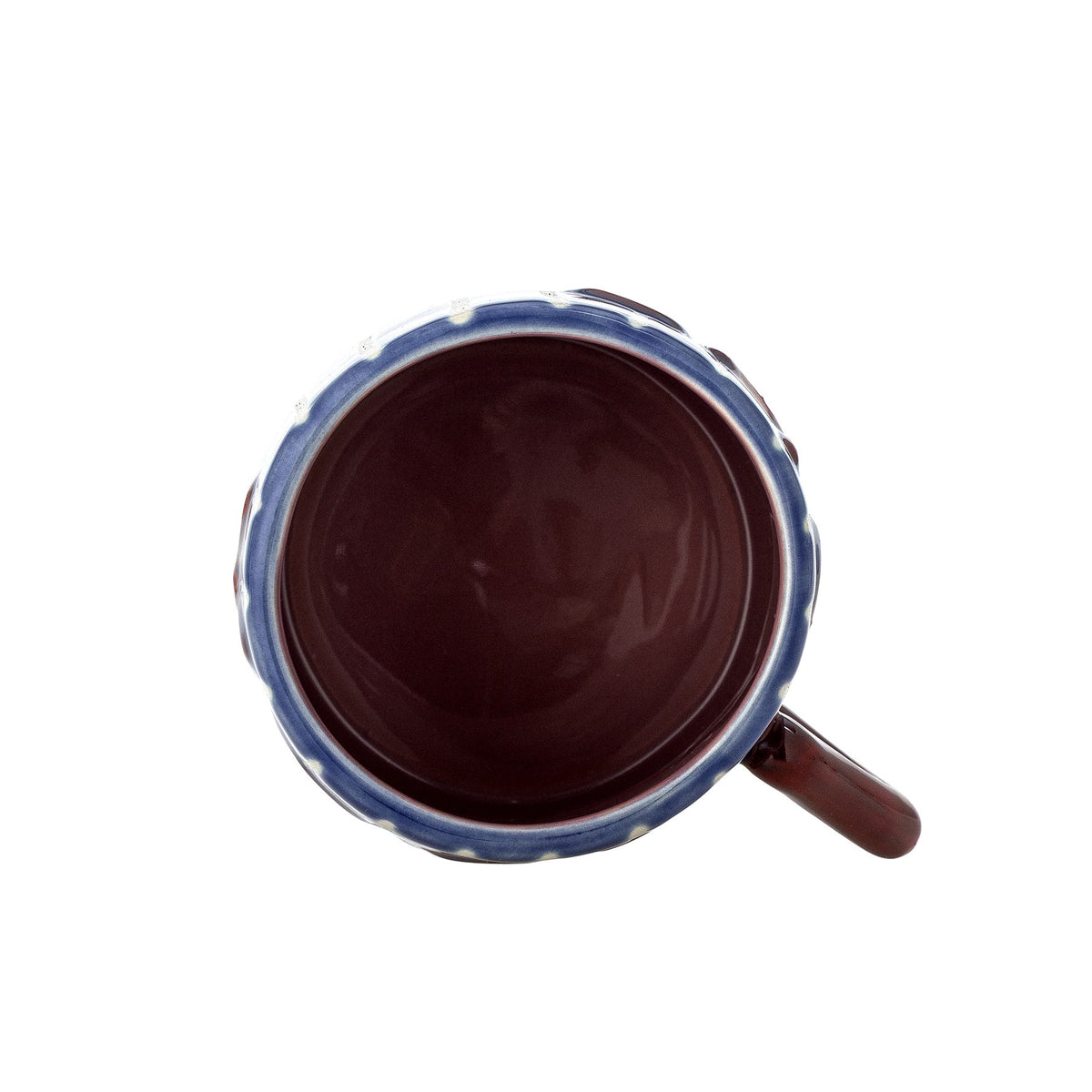 Blauer Cherish Becher aus Steinzeug mit weissen vertikalen Streifen, rotem Henkel und handbemalten Schriftzügen 'Love' und 'More' von Bloomingville.