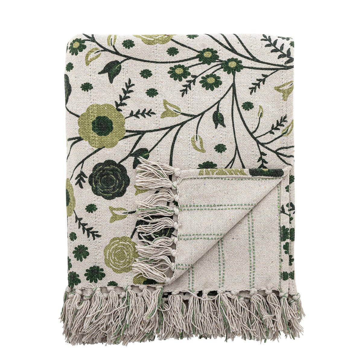 Wolldecke Eydis von Bloomingville in Natur mit floralem Blumendruck in Dunkelgrau und Gelb, Fransen an einer Seite, aus Mischfasern gefertigt.