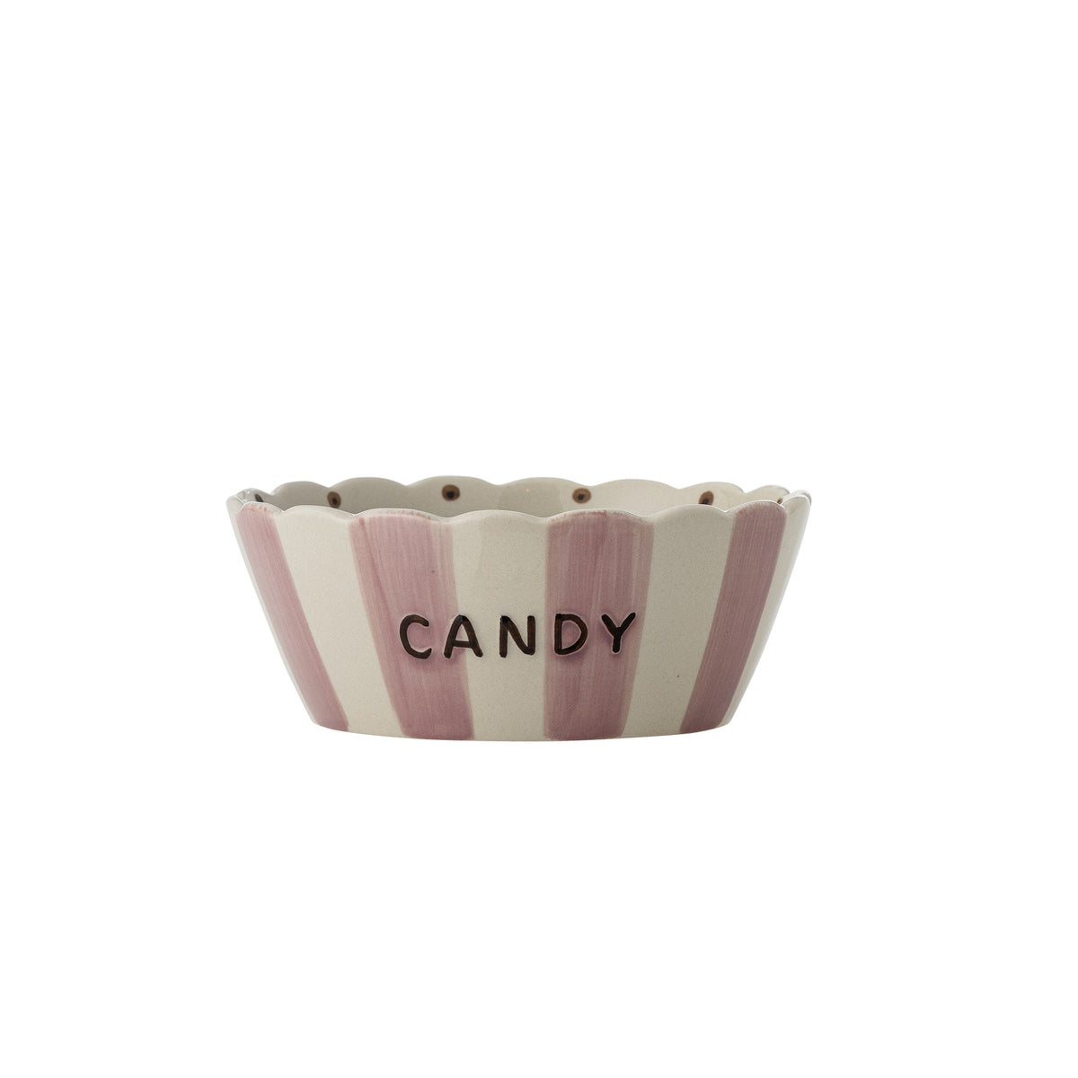Rosafarbene Steingutschale mit gewelltem Rand, handbemalten vertikalen Streifen aussen und feinen Punkten innen, Schriftzug CANDY an der Seite.