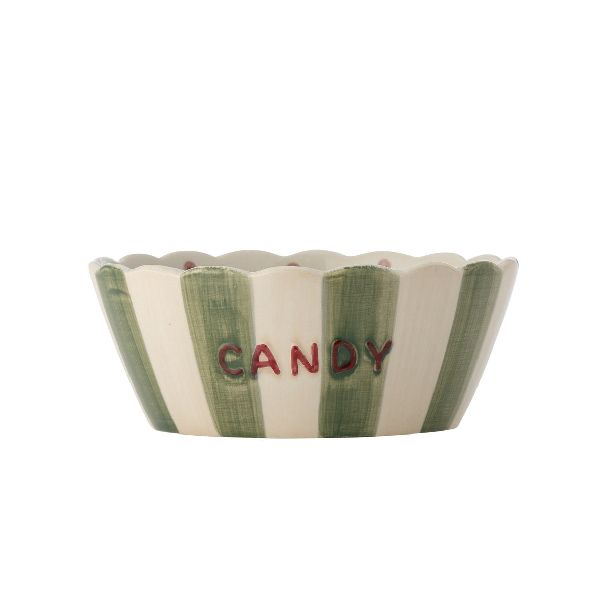 Grüne Servierschale aus Steinzeug mit handgemalten vertikalen Streifen, gewelltem Rand und der Aufschrift „CANDY“, Bloomingville Chip Serie.