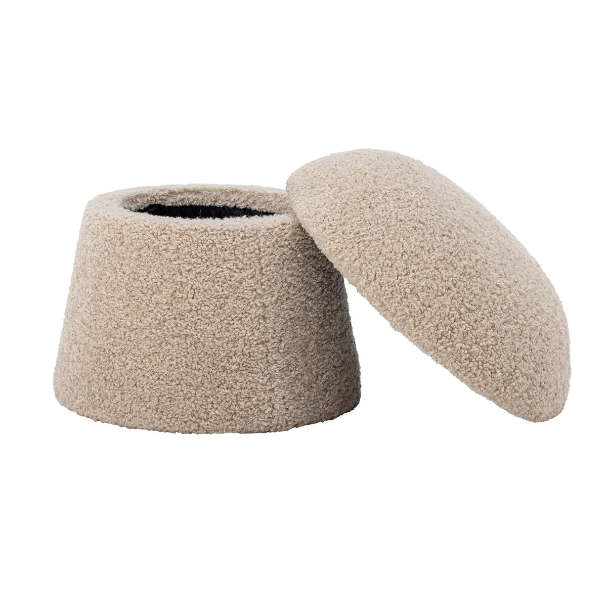 Runder Pouf in Beige mit strukturierter Polyester-Oberfläche und Beinen aus Kiefernholz, breite Oberseite über schmalerem Fuss.